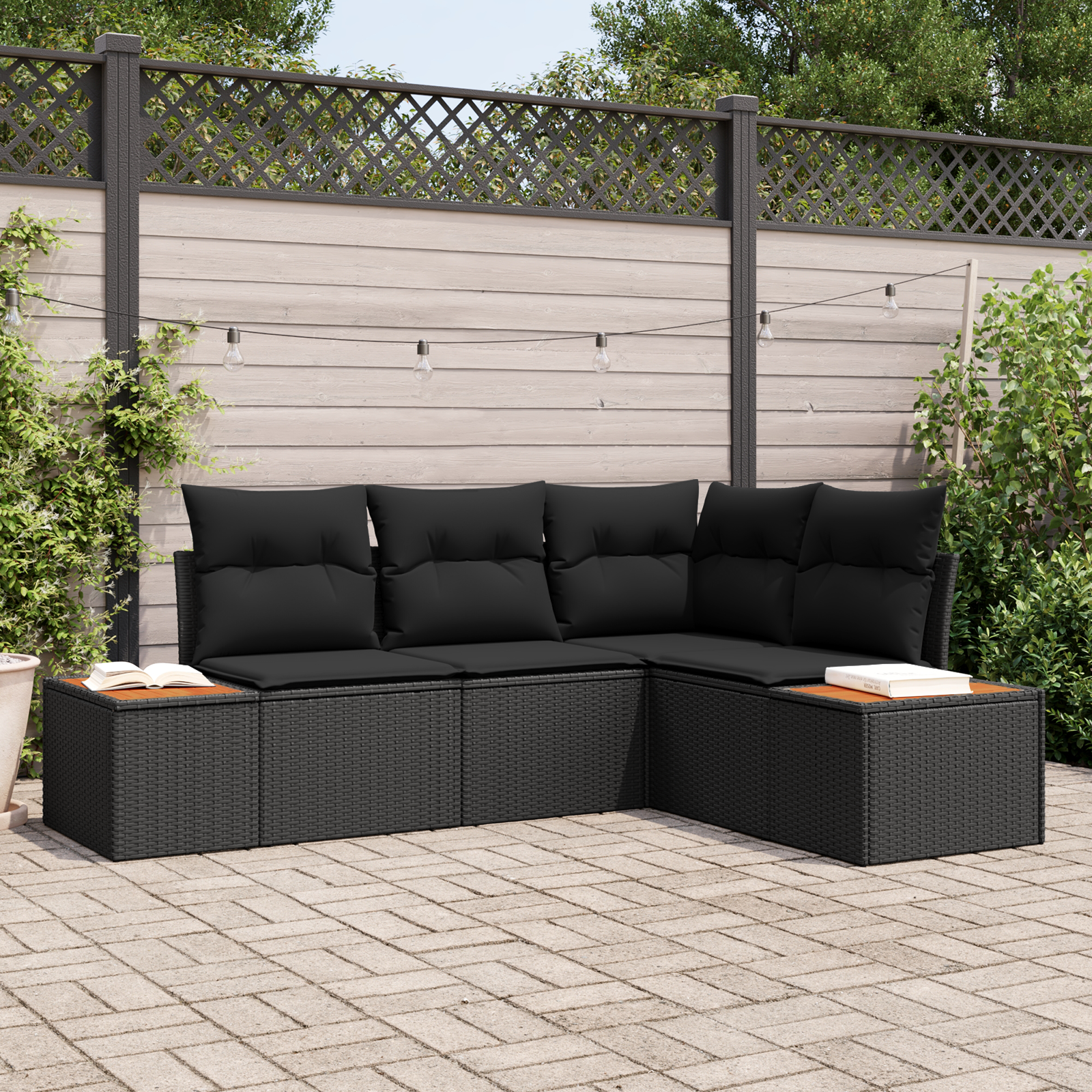 Conjunto de Sofá de Jardim 4 Peças com Almofadas Preto Polirattan Acácia, Sofá de Jardim com Armazenamento e Almofadas Preto Polirattan Conjunto de Sofá de Jardim 4 Peças com Almofadas Preto Polirattan Acácia, Sofá de Jardim com Armazenamento e Almofadas Preto Polirattan