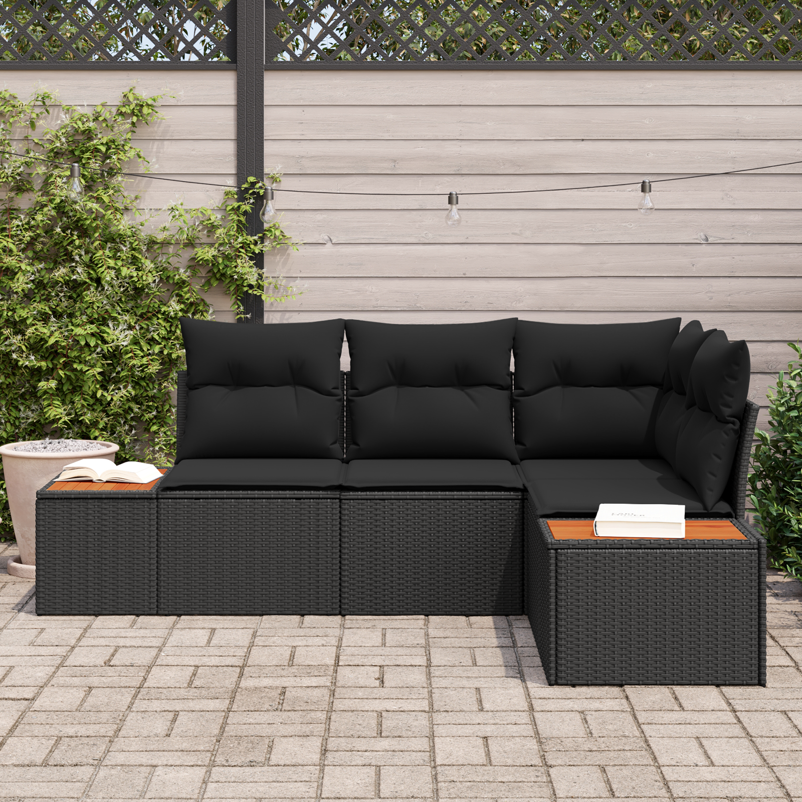 Conjunto de Sofá de Jardim 4 Peças com Almofadas Preto Polirattan Acácia, Sofá de Jardim com Armazenamento e Almofadas Preto Polirattan