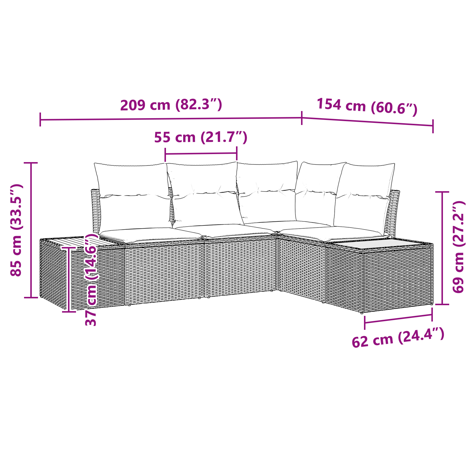 Conjunto de Sofá de Jardim 4 Peças com Almofadas Preto Polirattan Acácia, Sofá de Jardim com Armazenamento e Almofadas Preto Polirattan