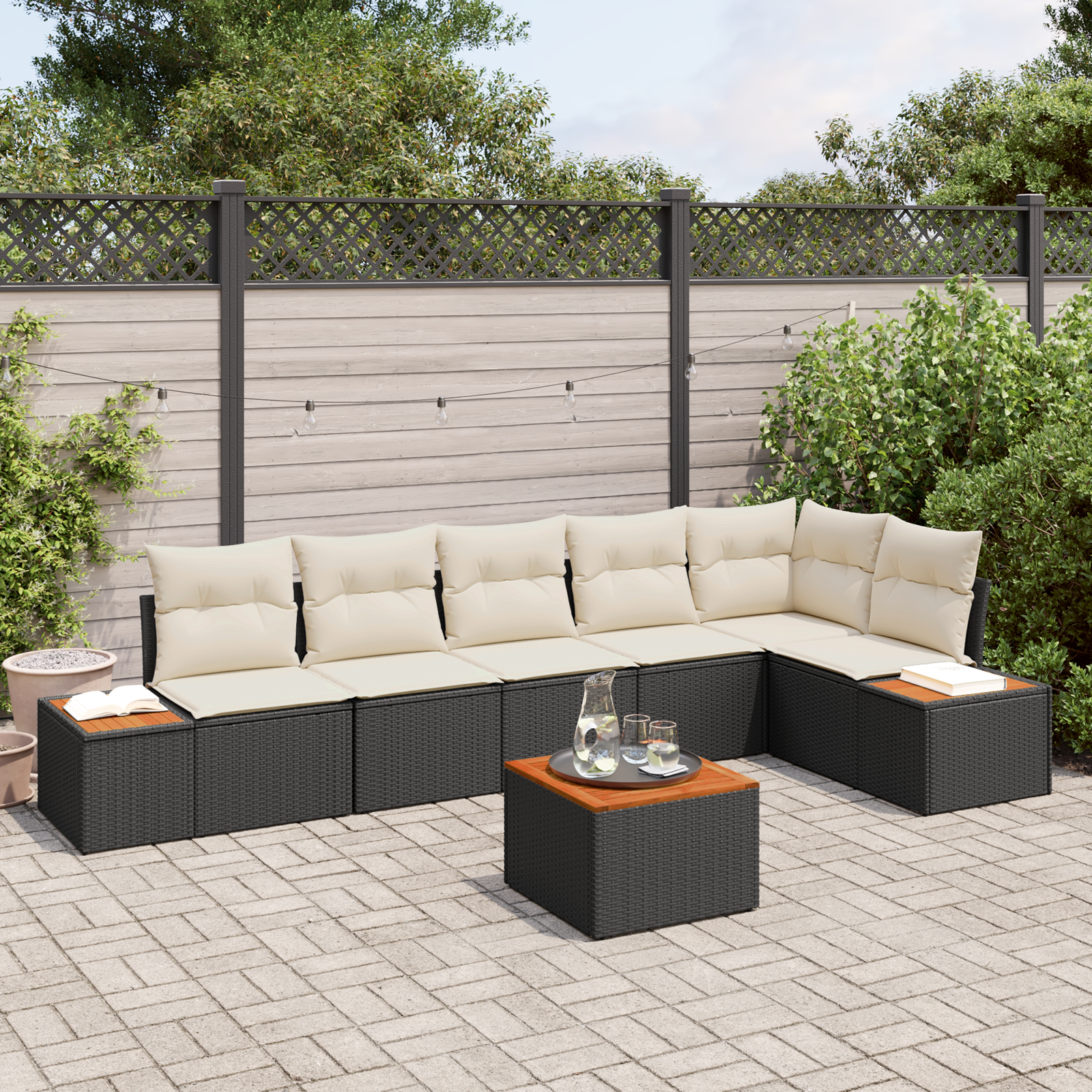 Conjunto de Sofás de Jardim de 7 Peças com Almofadas Preto Vime Acácia Conjunto de Sofás de Jardim de 7 Peças com Almofadas Preto Vime Acácia