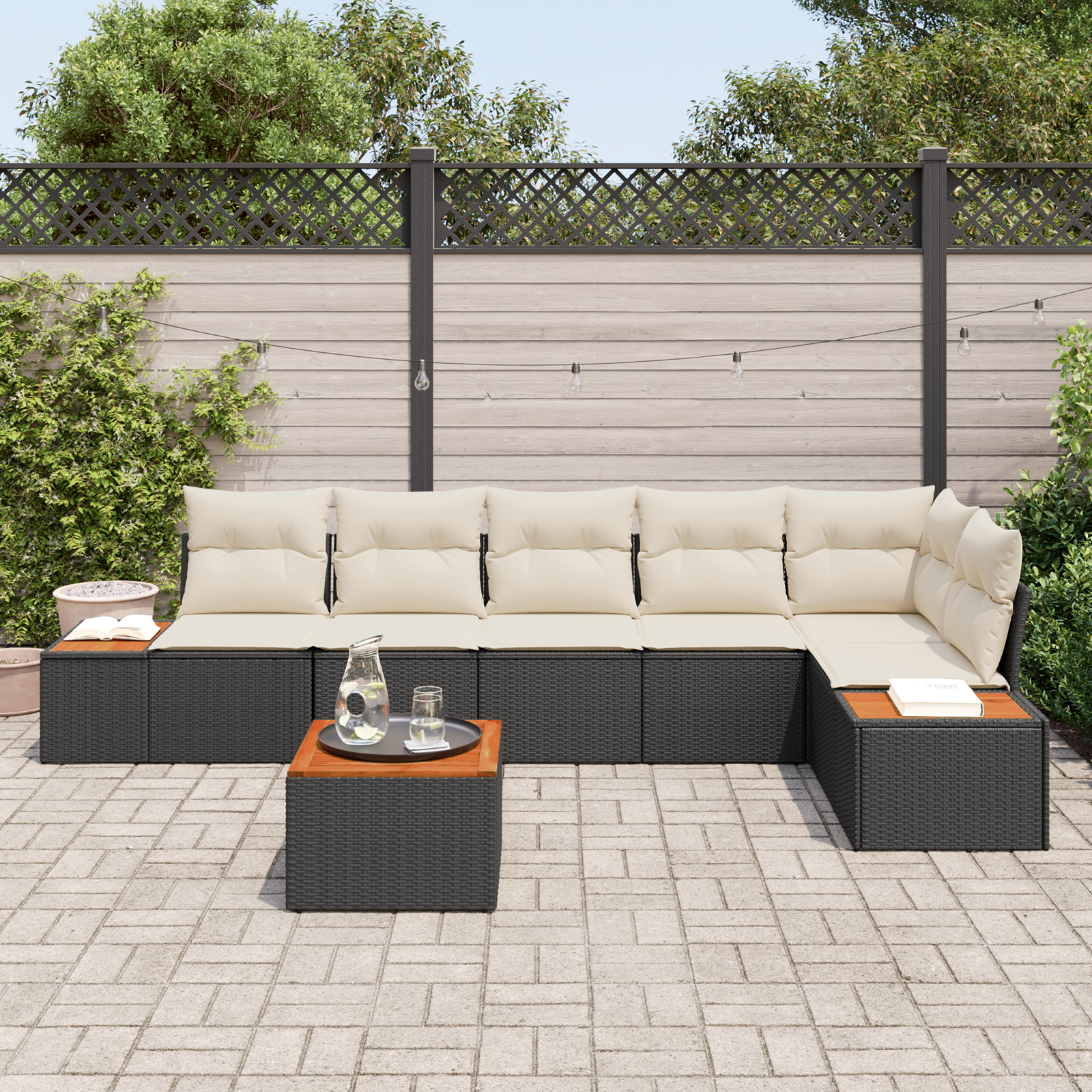 Conjunto de Sofás de Jardim de 7 Peças com Almofadas Preto Vime Acácia