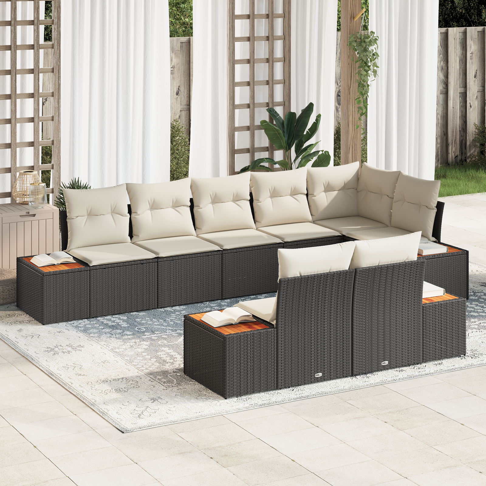 Conjunto de Sofá de Jardim 8 Peças com Almofadas Preto Rattan Sintético Acácia, Sofá de Jardim com Armazenamento & Almofadas Preto Rattan Sintético Conjunto de Sofá de Jardim 8 Peças com Almofadas Preto Rattan Sintético Acácia, Sofá de Jardim com Armazenamento & Almofadas Preto Rattan Sintético