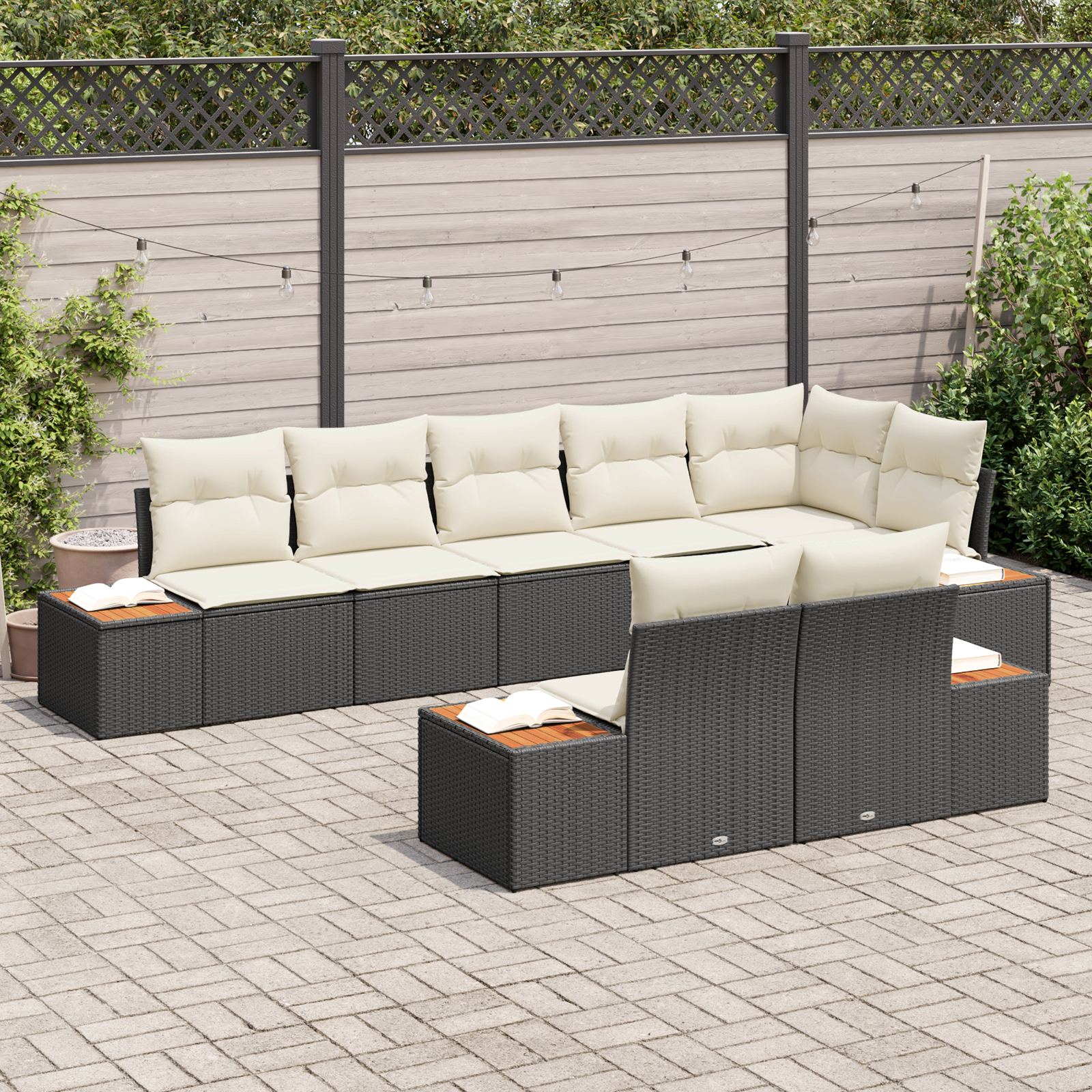 Conjunto de Sofá de Jardim 8 Peças com Almofadas Preto Rattan Sintético Acácia, Sofá de Jardim com Armazenamento & Almofadas Preto Rattan Sintético