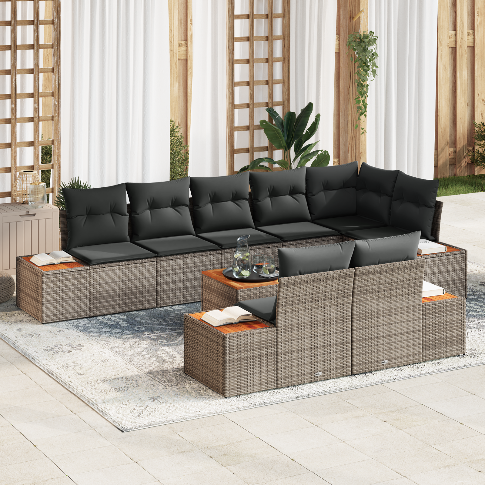 Set di Divano da Giardino da 9 Pezzi con Cuscini in Polyrattan Grigio Acacia