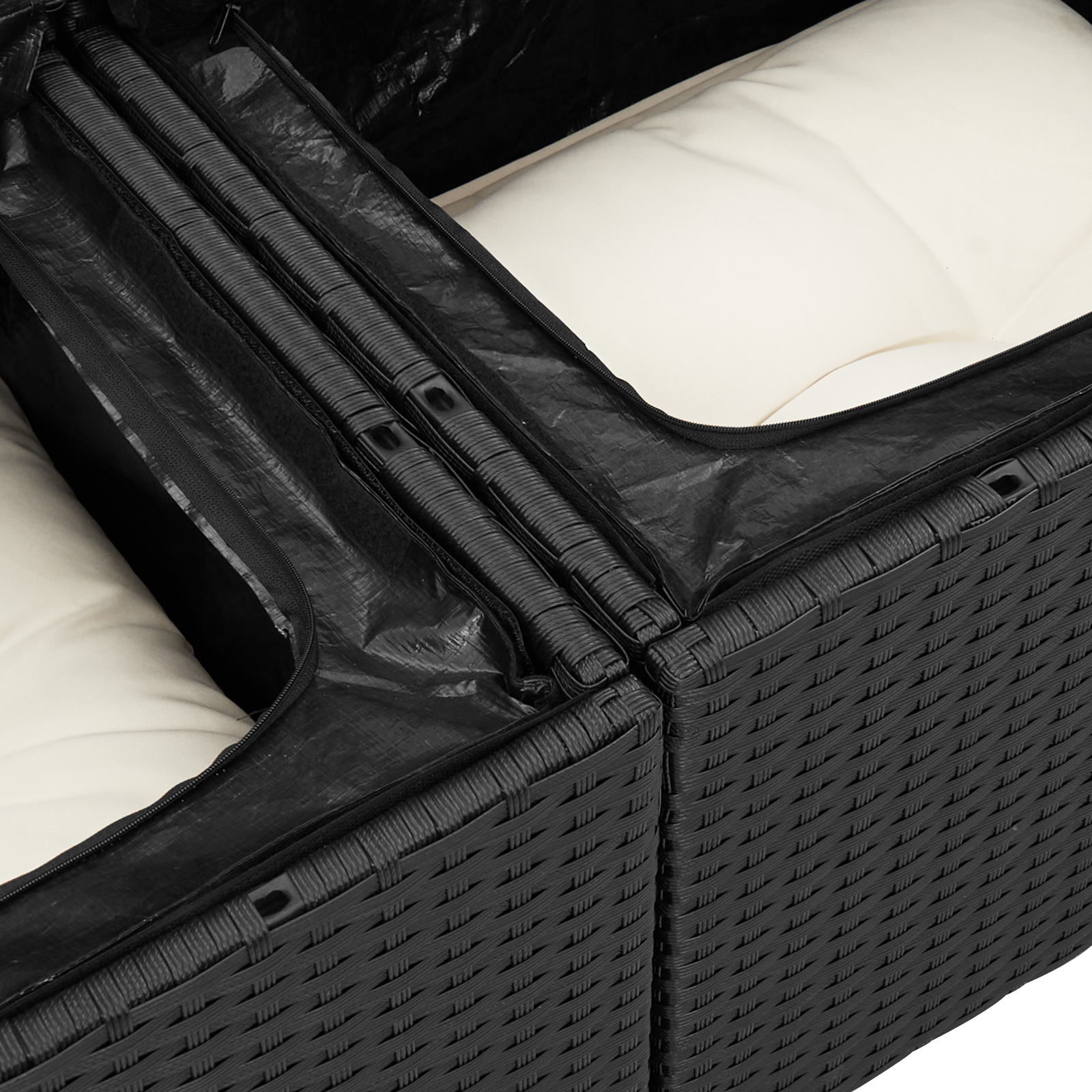Conjunto de Sofás de Jardim de 7 Peças com Almofadas Preto Polirattan Acácia, Sofá de Jardim de com Armazenamento & Almofadas Preto Polirattan
