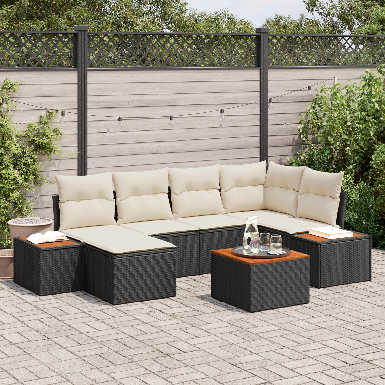 Conjunto de Sofás de Jardim de 7 Peças com Almofadas Preto Polirattan Acácia, Sofá de Jardim de com Armazenamento & Almofadas Preto Polirattan Conjunto de Sofás de Jardim de 7 Peças com Almofadas Preto Polirattan Acácia, Sofá de Jardim de com Armazenamento & Almofadas Preto Polirattan