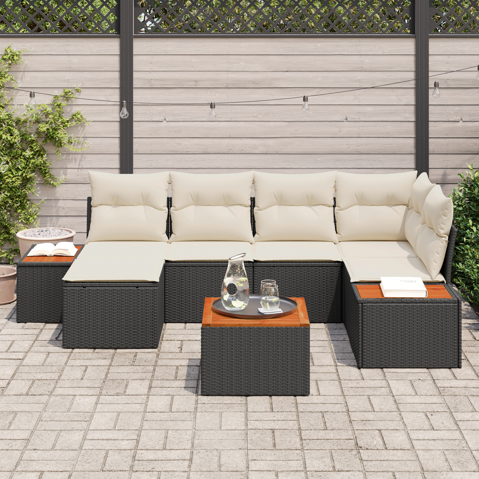 Conjunto de Sofás de Jardim de 7 Peças com Almofadas Preto Polirattan Acácia, Sofá de Jardim de com Armazenamento & Almofadas Preto Polirattan