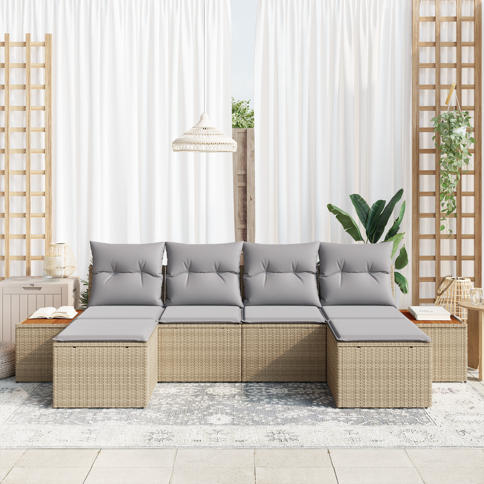 6 dalių sodo sofos komplektas su pagalvėlėmis Bežinė Poly Ratanas Akacija - Image 3