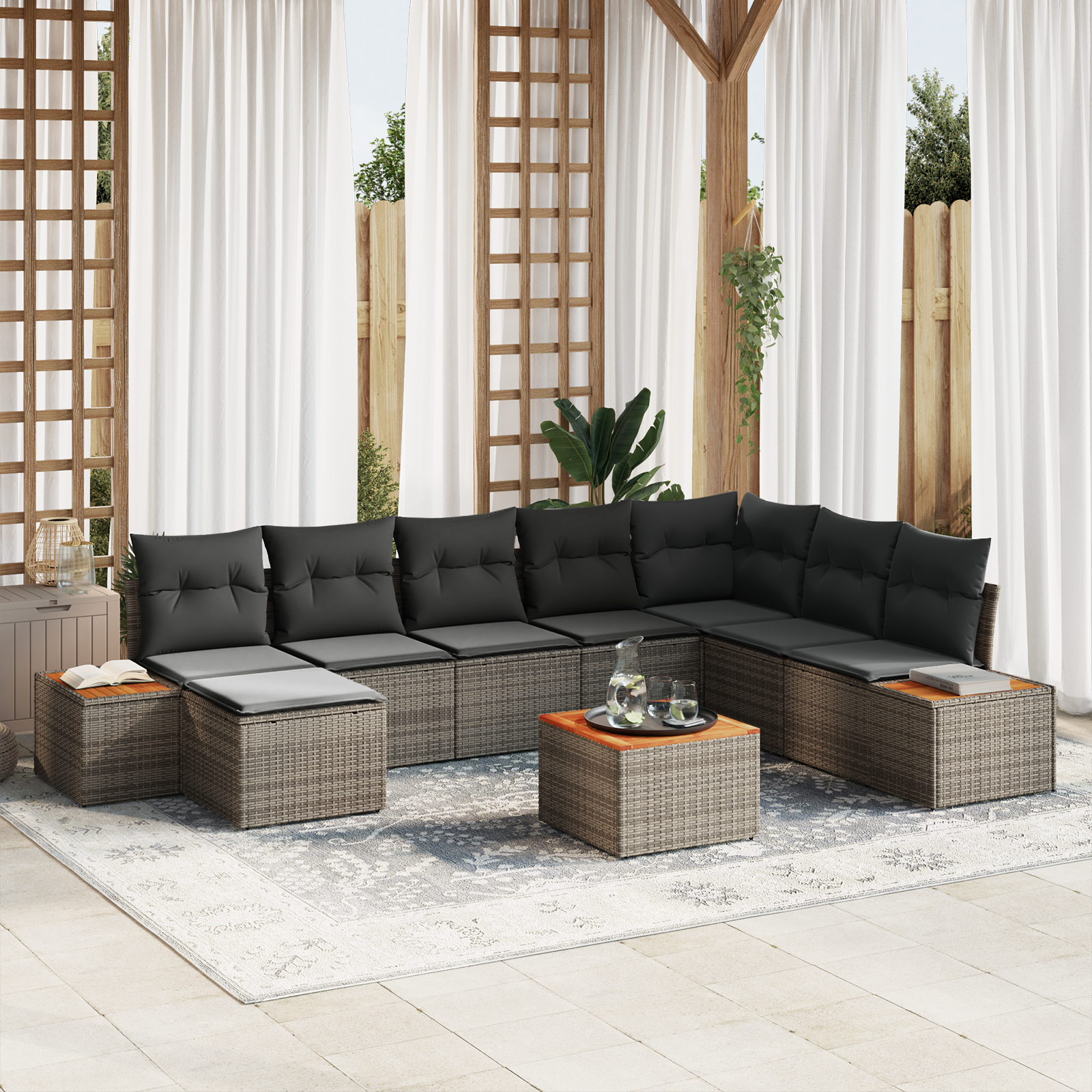 Set di divani da giardino con cuscini 9 pezzi Grigio Polyrattan Acacia