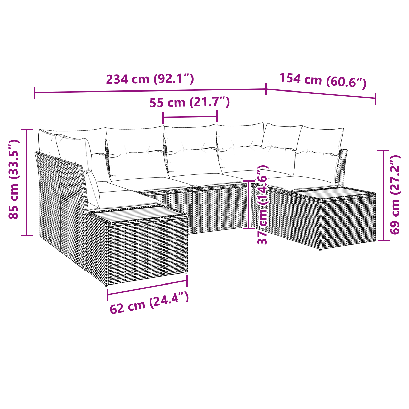 Conjunto de Sofás de Jardim 6 Peças com Almofadas Preto Polirattan Acácia, Sofá de Jardim de com Armazenamento e Almofadas Preto Polirattan