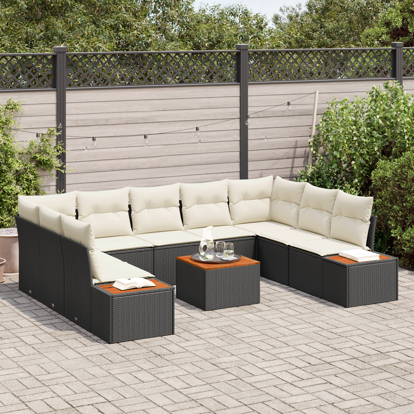 Conjunto de Sofá de Jardim 6 Peças com Almofadas Preto Rattan de Polietileno Acácia, Sofá de Jardim de com Armazenamento & Almofadas Preto Rattan de Polietileno