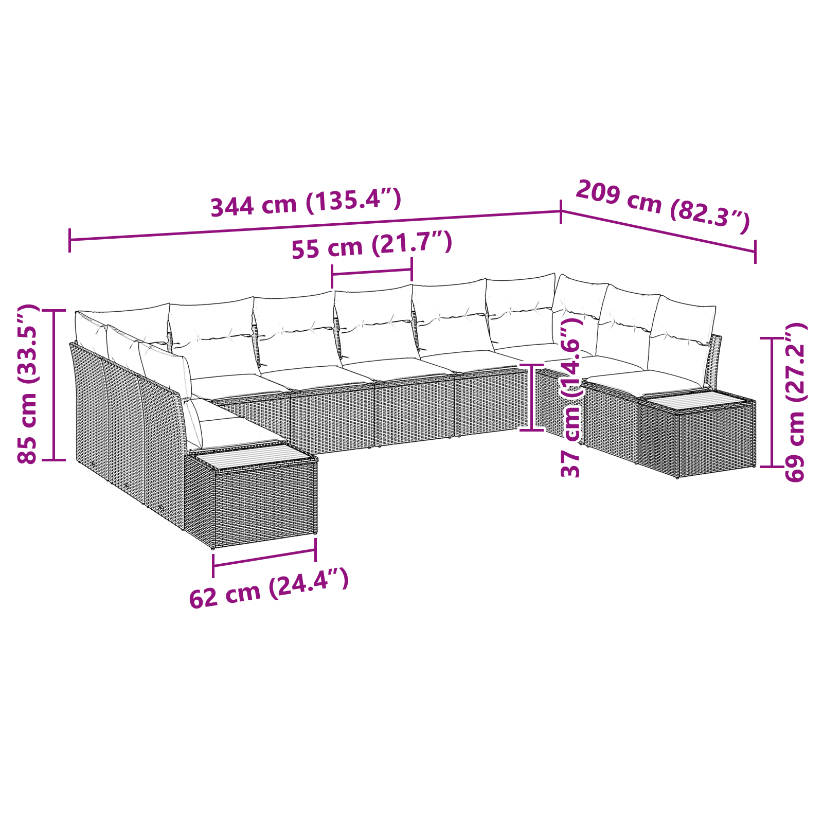 Conjunto de Sofá de Jardim de 10 Peças com Almofadas Bege de Rattan e Acácia, Sofá de Jardim de com Armazenamento e Almofadas Bege de Rattan