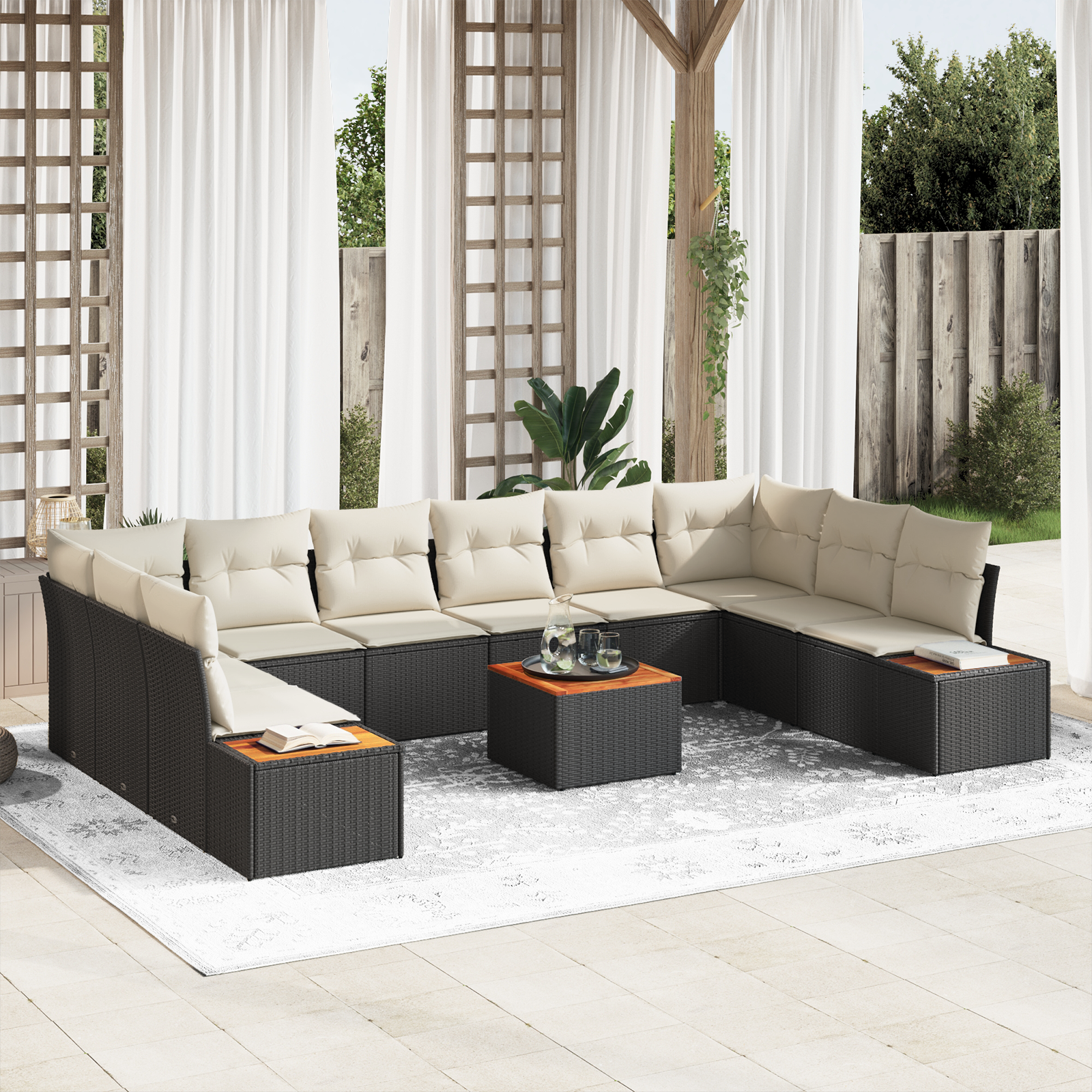Conjunto de Sofá de Jardim em 11 Peças com Almofadas Preto Vime PE Acácia, Sofá de Jardim de com Armazenamento e Almofadas Preto Vime PE Conjunto de Sofá de Jardim em 11 Peças com Almofadas Preto Vime PE Acácia, Sofá de Jardim de com Armazenamento e Almofadas Preto Vime PE