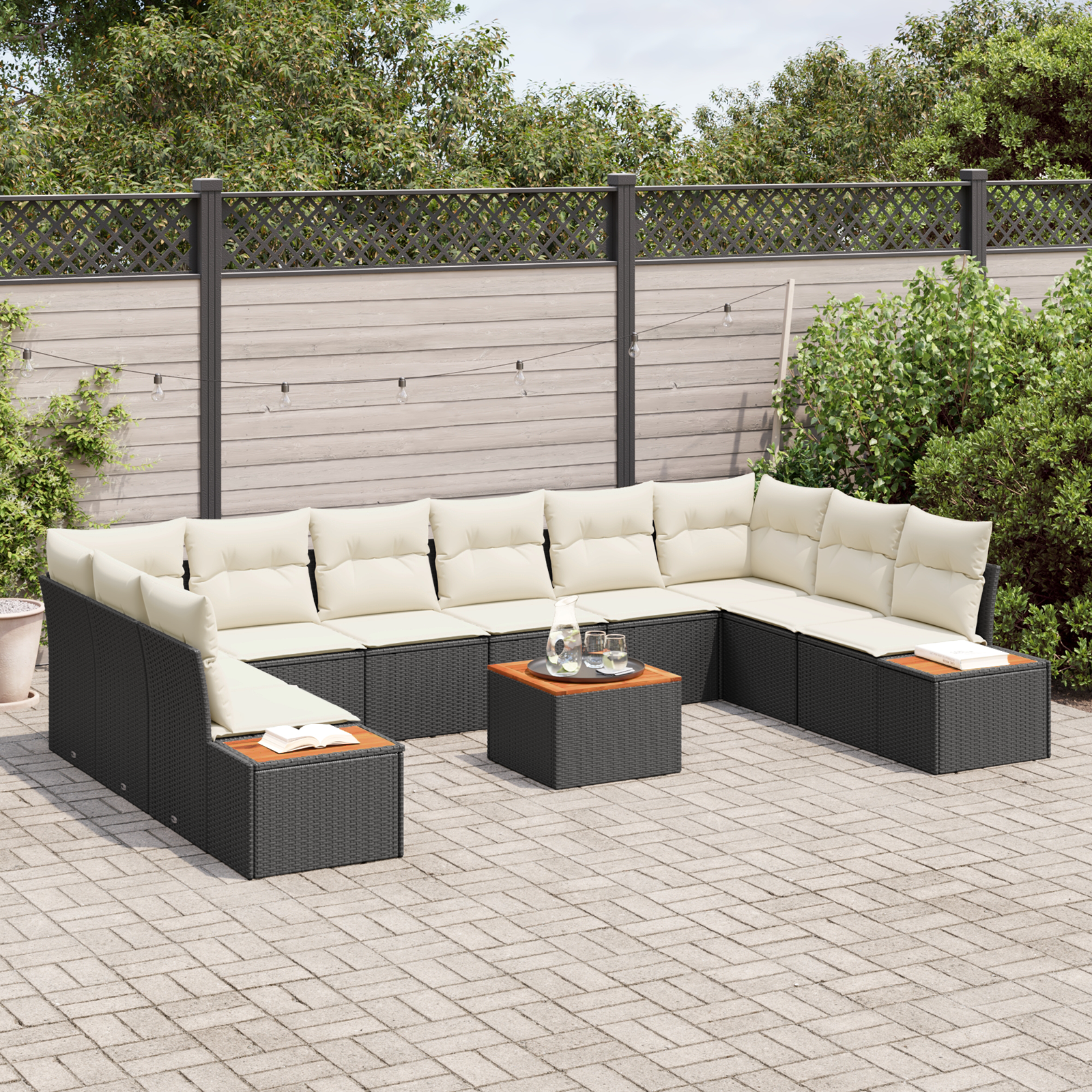 Conjunto de Sofá de Jardim em 11 Peças com Almofadas Preto Vime PE Acácia, Sofá de Jardim de com Armazenamento e Almofadas Preto Vime PE