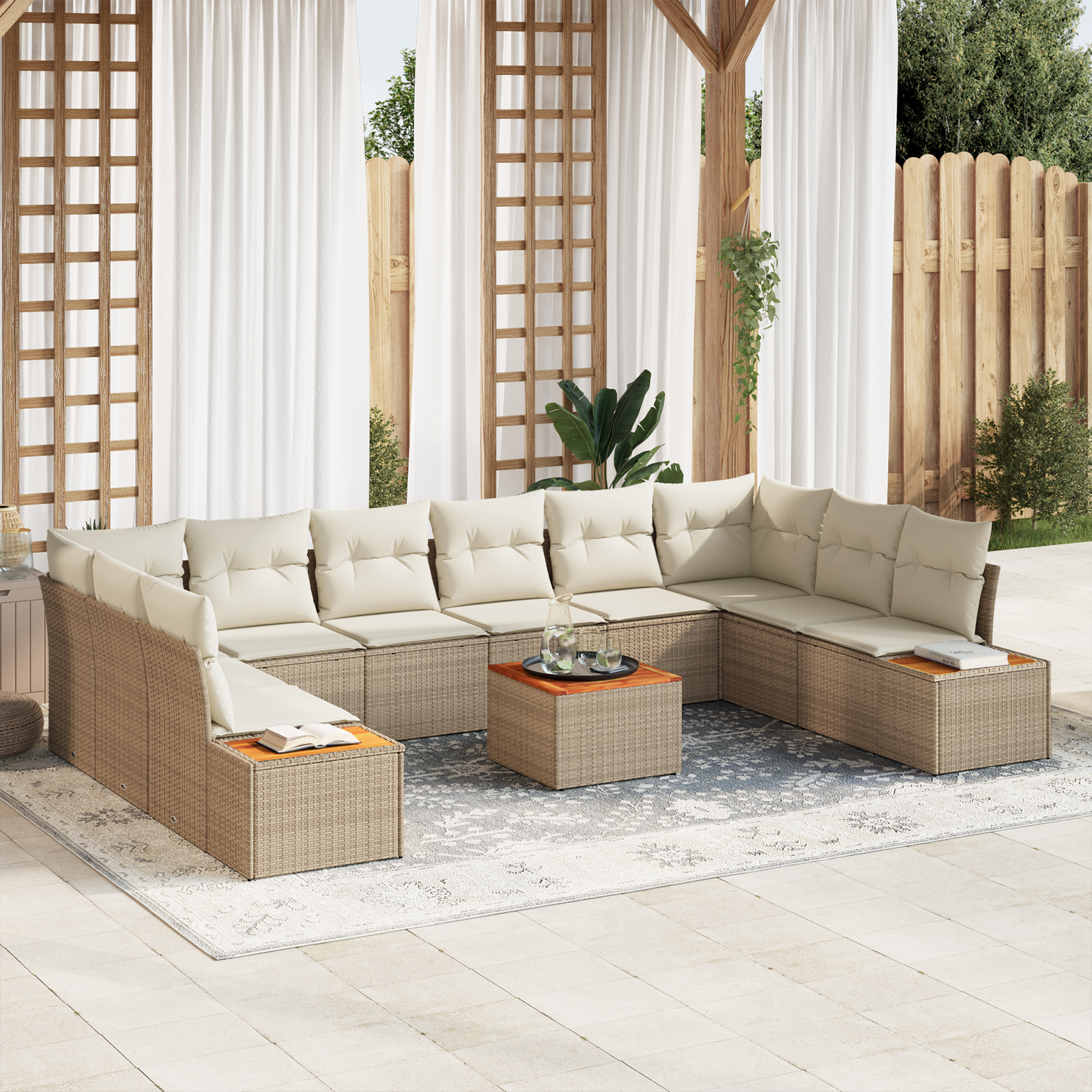 Set divano da giardino da 11 pezzi con cuscini beige in polirattan acacia