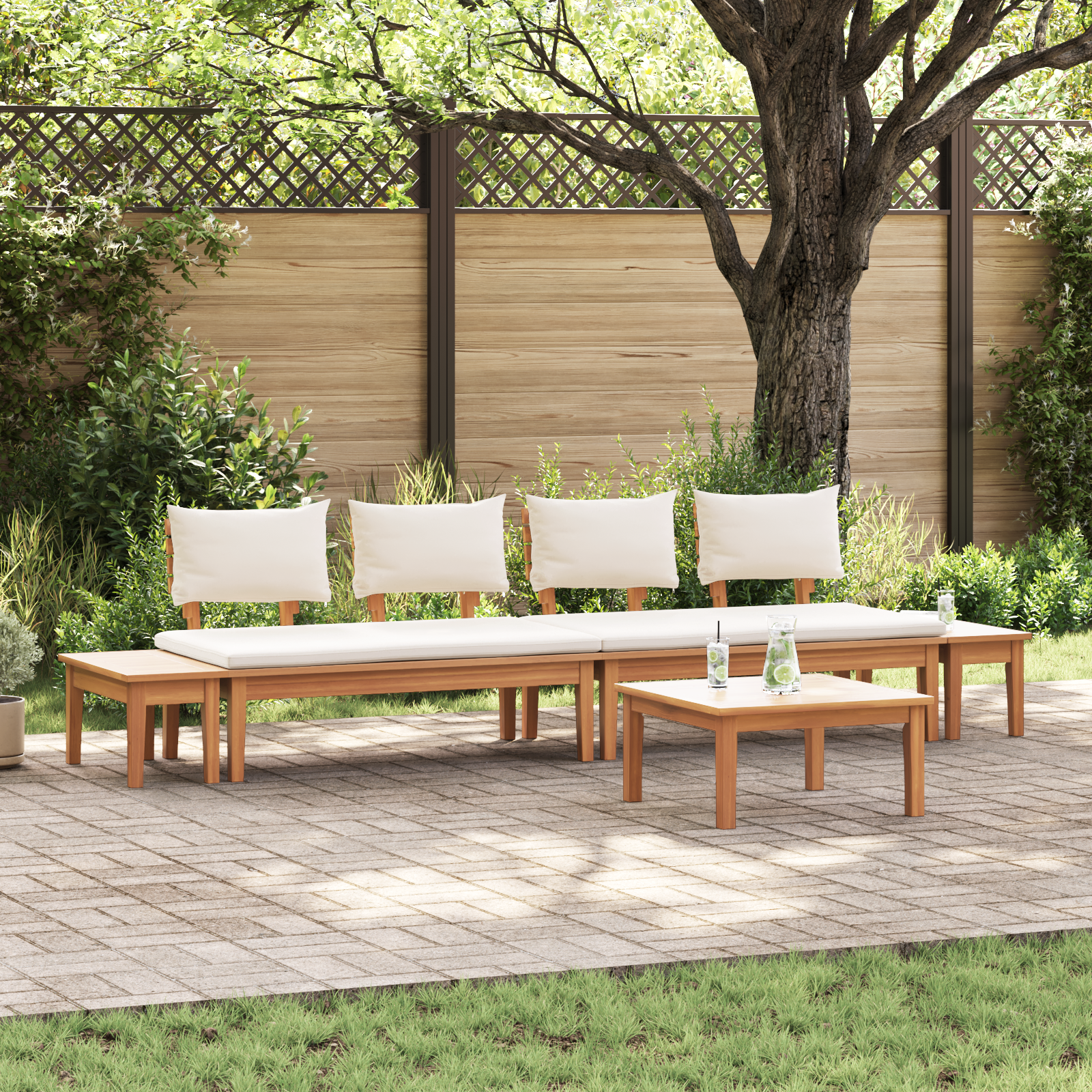 5 Piece Garden Bench Set with Cushions Solid Wood Teak