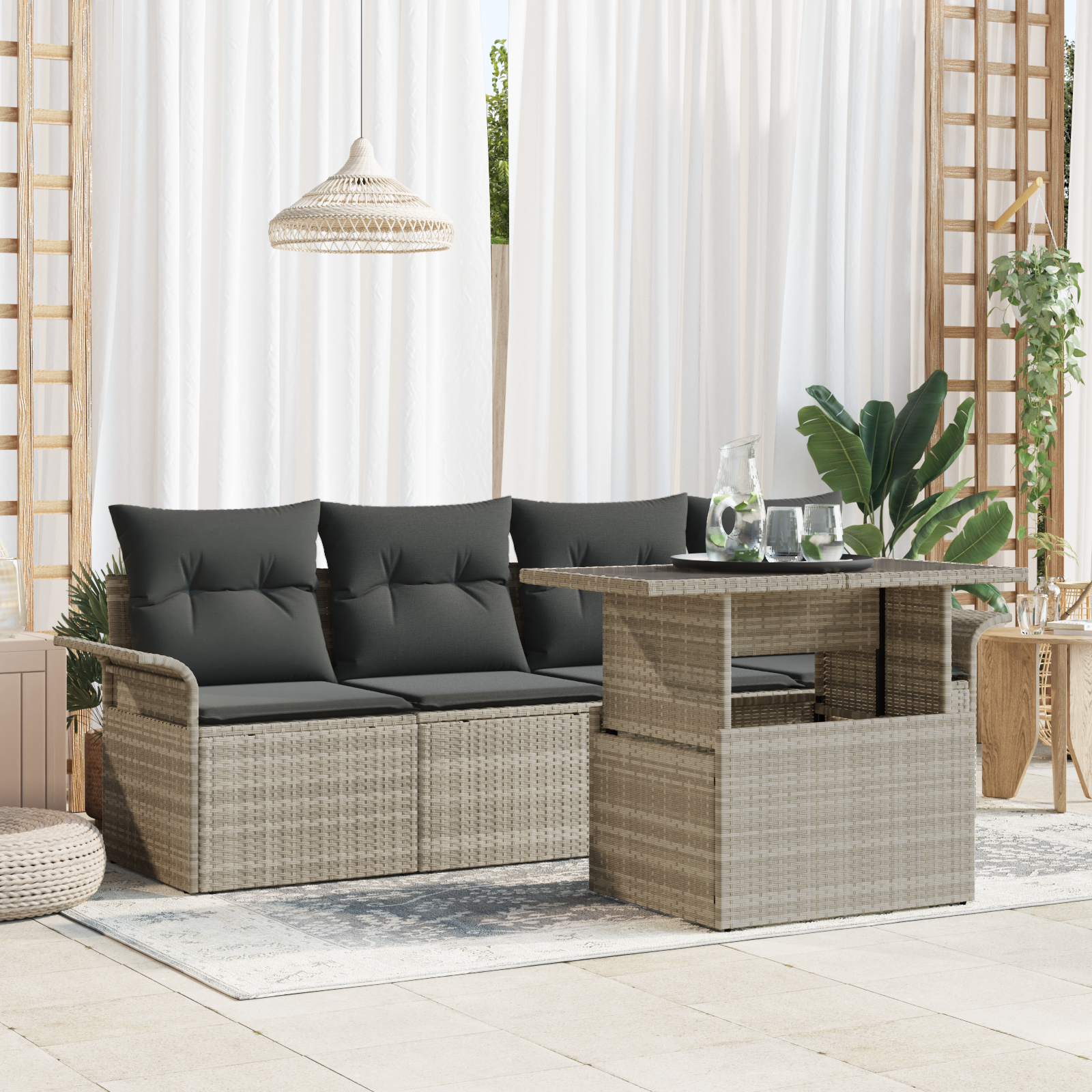 5-teiliges Garten-Sofa-Set mit Kissen in Hellgrauem Poly-Rattan