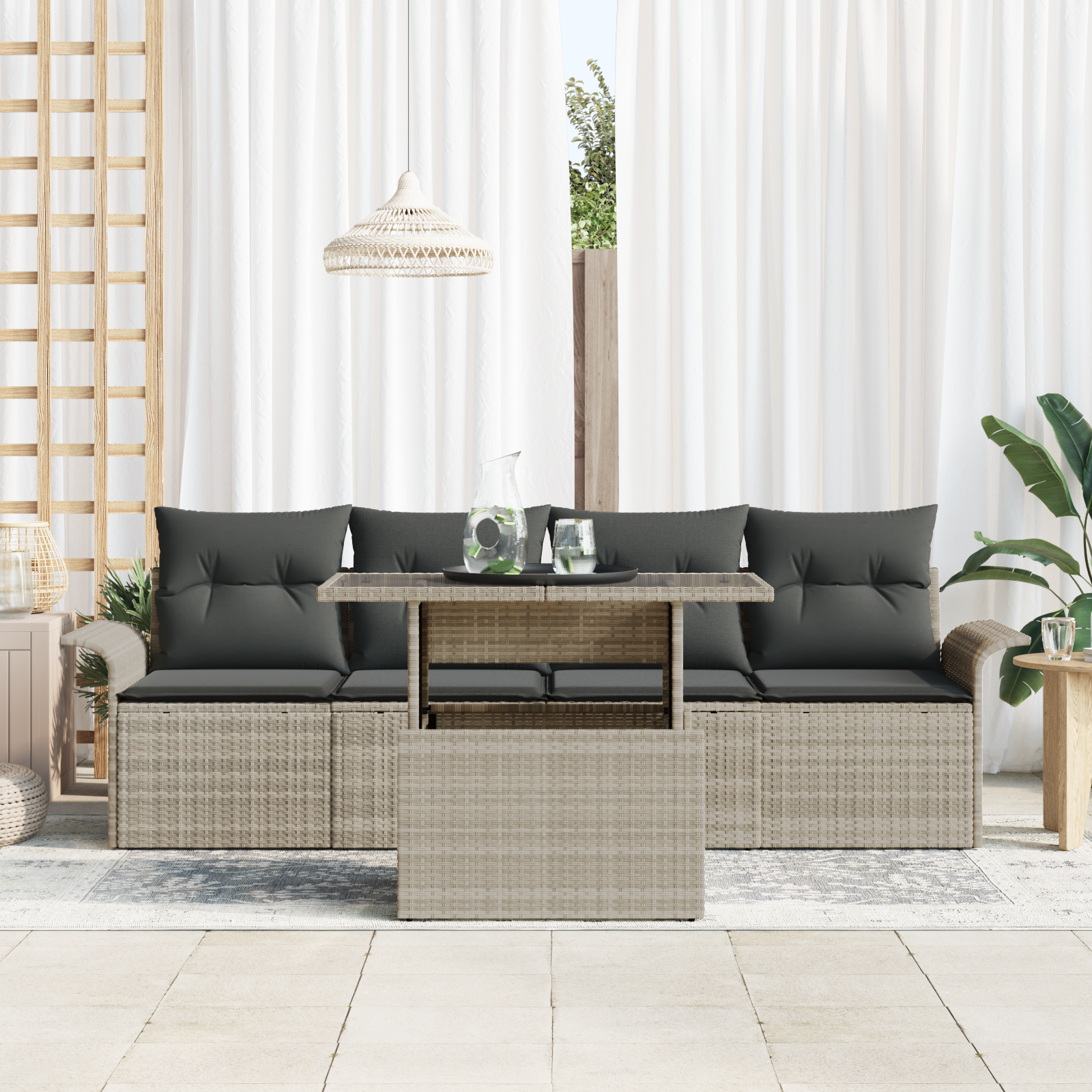 5-teiliges Garten-Sofa-Set mit Kissen in Hellgrauem Poly-Rattan – Bild 3