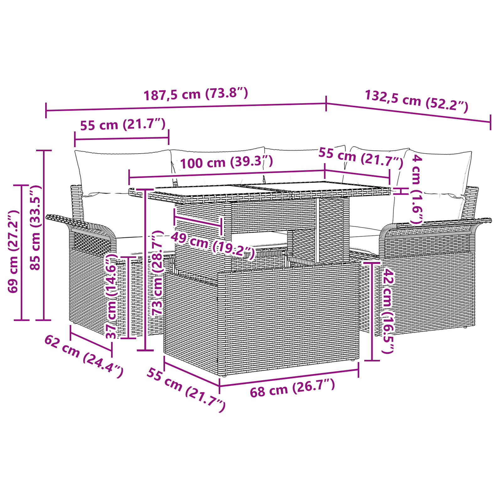 5 Часов Комплект Градински Диван с Възглавници Черен Полиратан, vidaXL 2-местен Градински Диван със Съхранение и Възглавници Черен Полиратан - Image 9