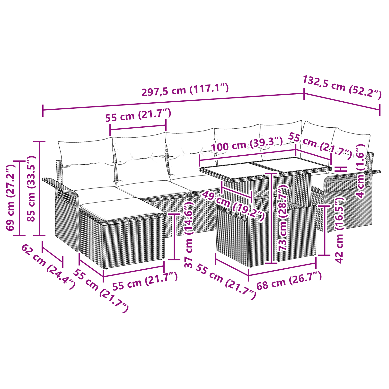 градински комплект дивани vidaXL 8 части с възглавници черен поли ратан, градински диван за 2-ма vidaXL с място за съхранение и възглавници черен поли ратан - Image 11