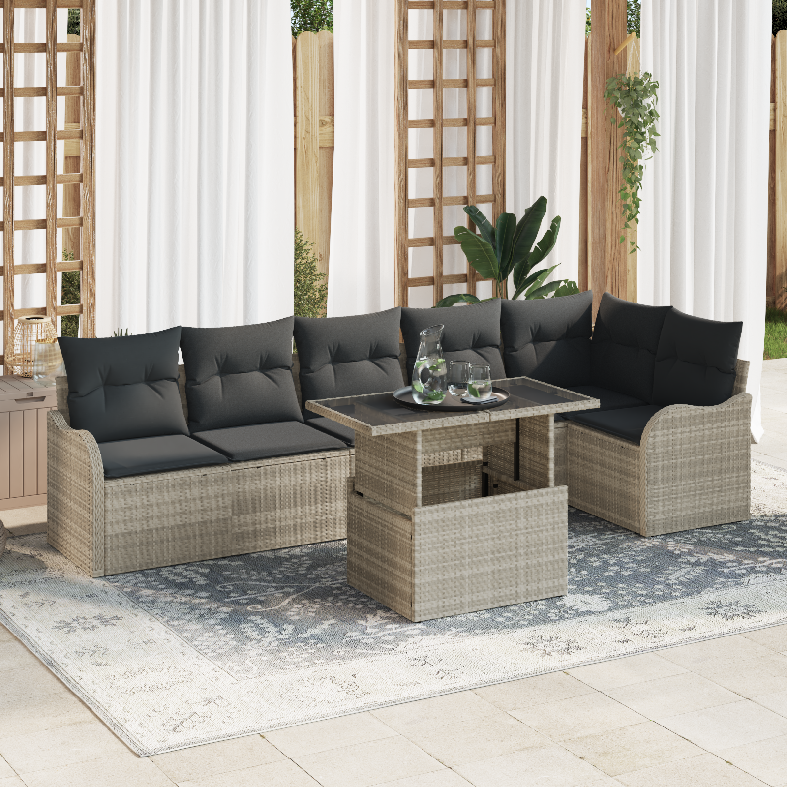Thumbnail - vidaXL 7-tlg. Garten-Sofagarnitur mit Kissen Hellgrau Poly Rattan