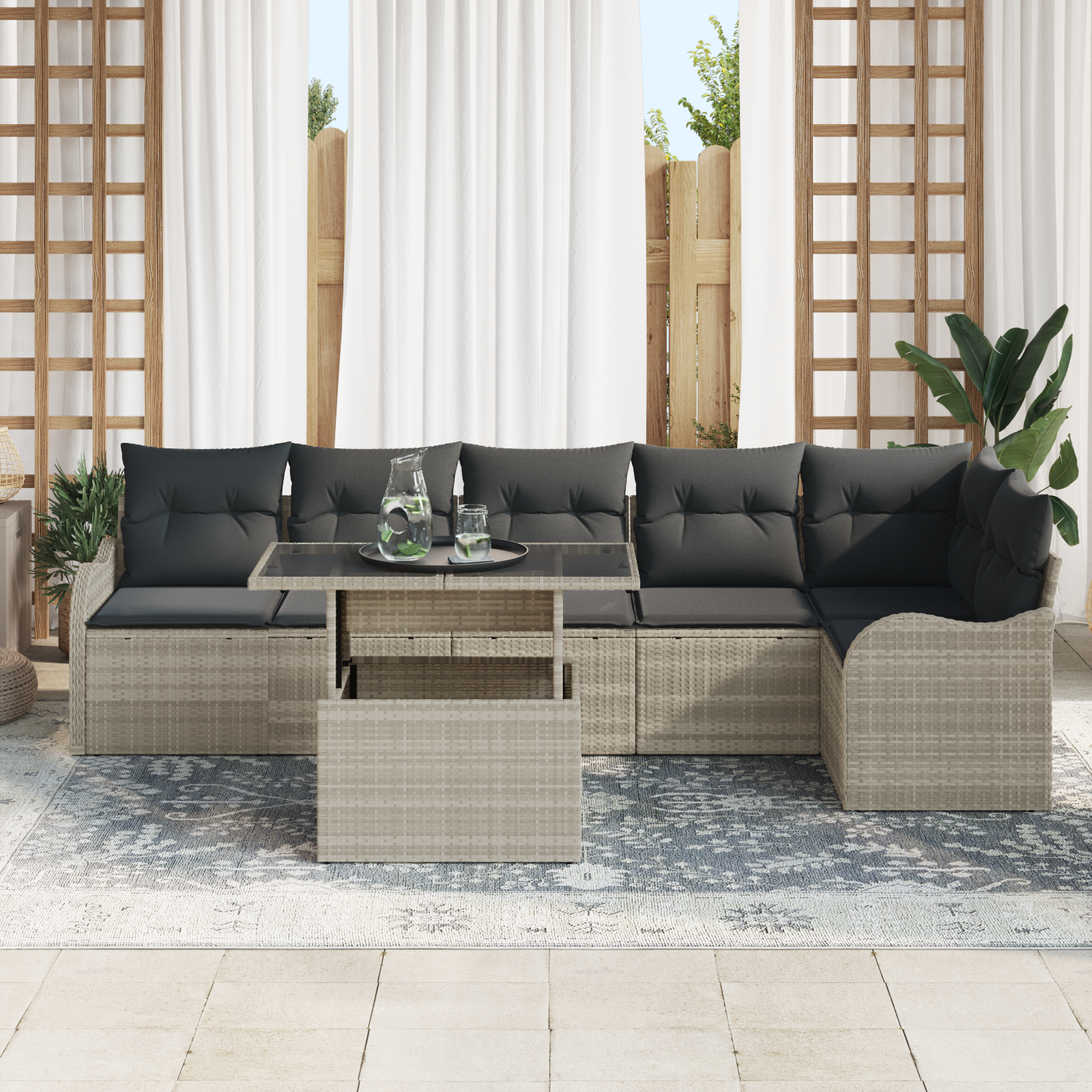 Thumbnail - vidaXL 7-tlg. Garten-Sofagarnitur mit Kissen Hellgrau Poly Rattan