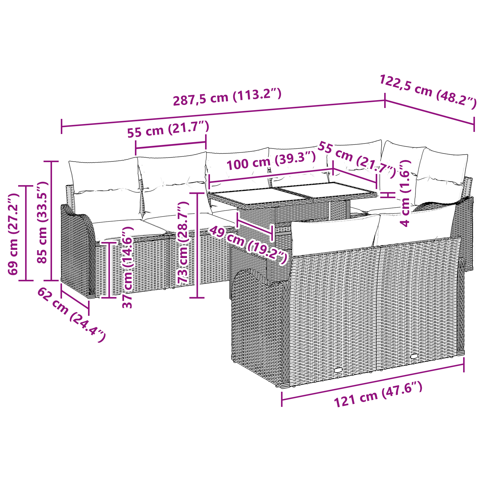 9 частен градински диван комплект с възглавници Черен Полиратоан, vidaXL 2-местен градински диван с място за съхранение и възглавници Черен Полиратоан - Image 10