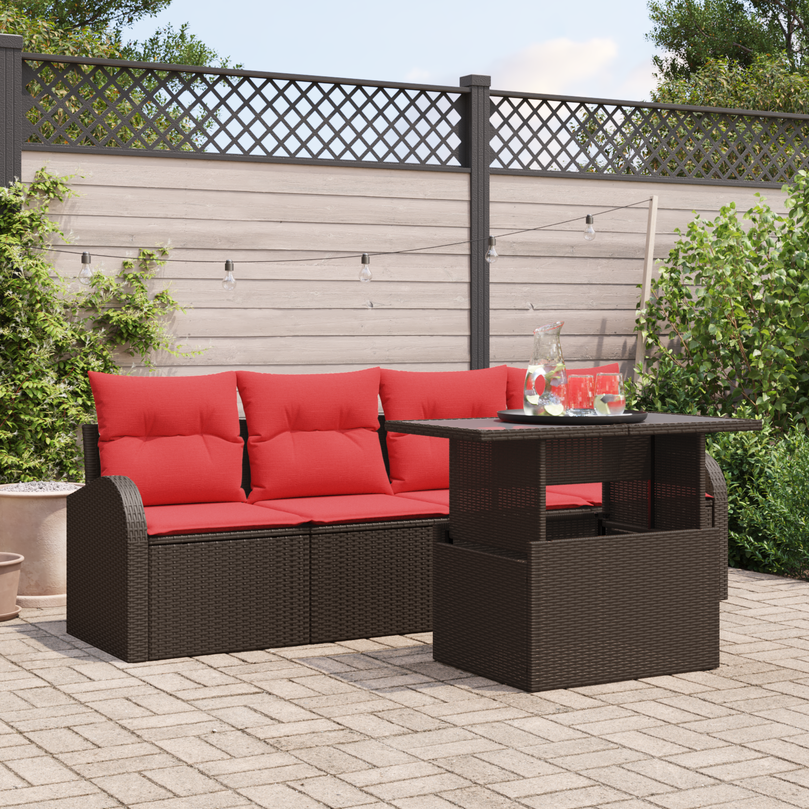 Tuin Sofa Set met kussen met kussen 5 pcs Bruin Poly Rattan - Afbeelding 2