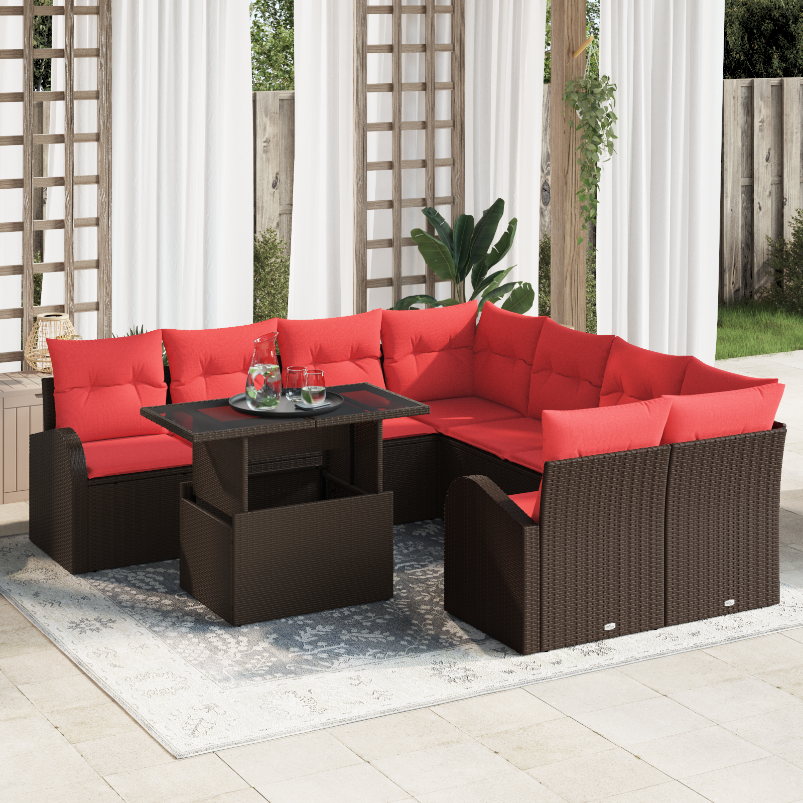 Tuin Sofa Set met kussen met opslag 9 pcs Bruin Poly Rattan - Afbeelding 2