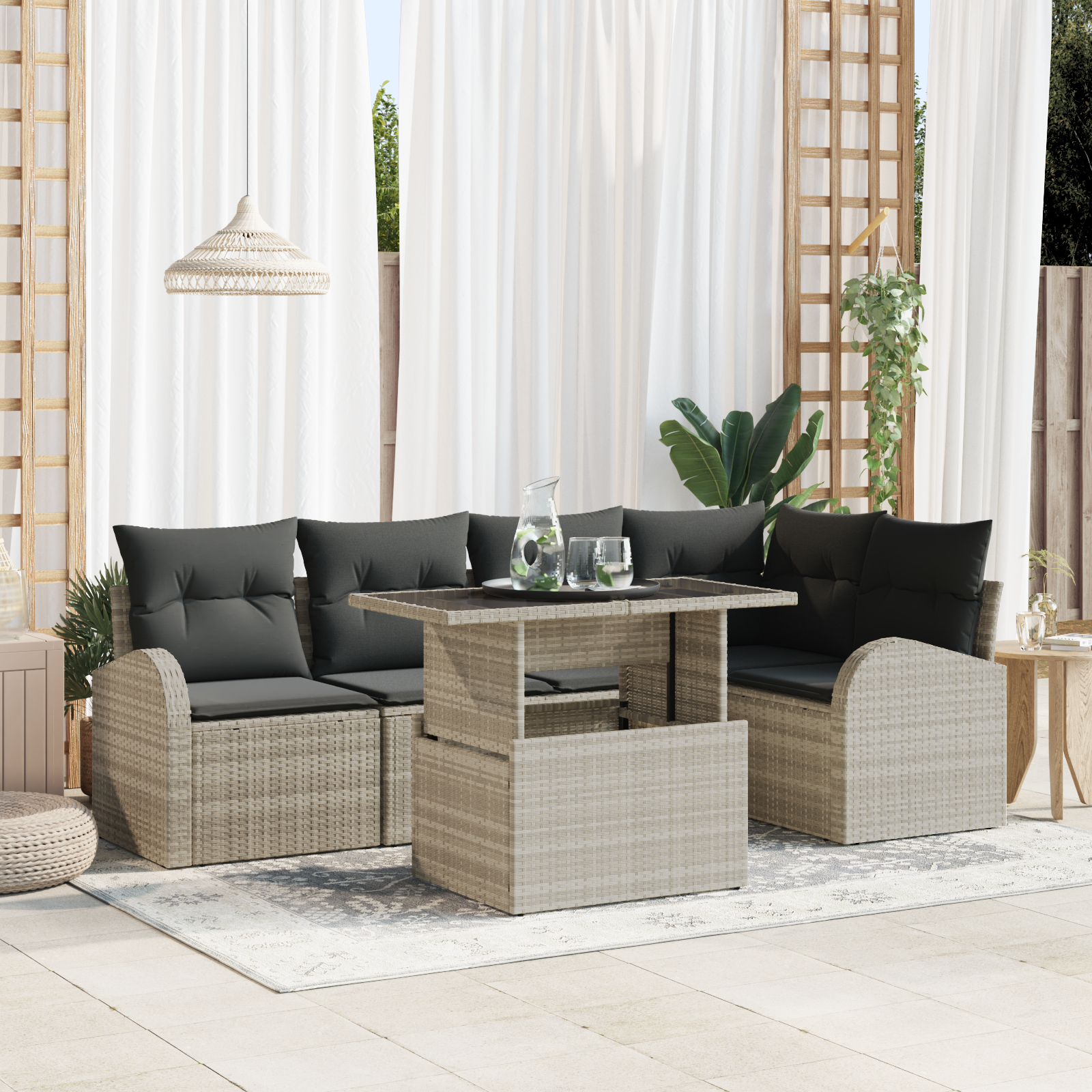 6-teiliges Garten-Sofa-Set mit Kissen in Hellgrau aus Poly-Rattan