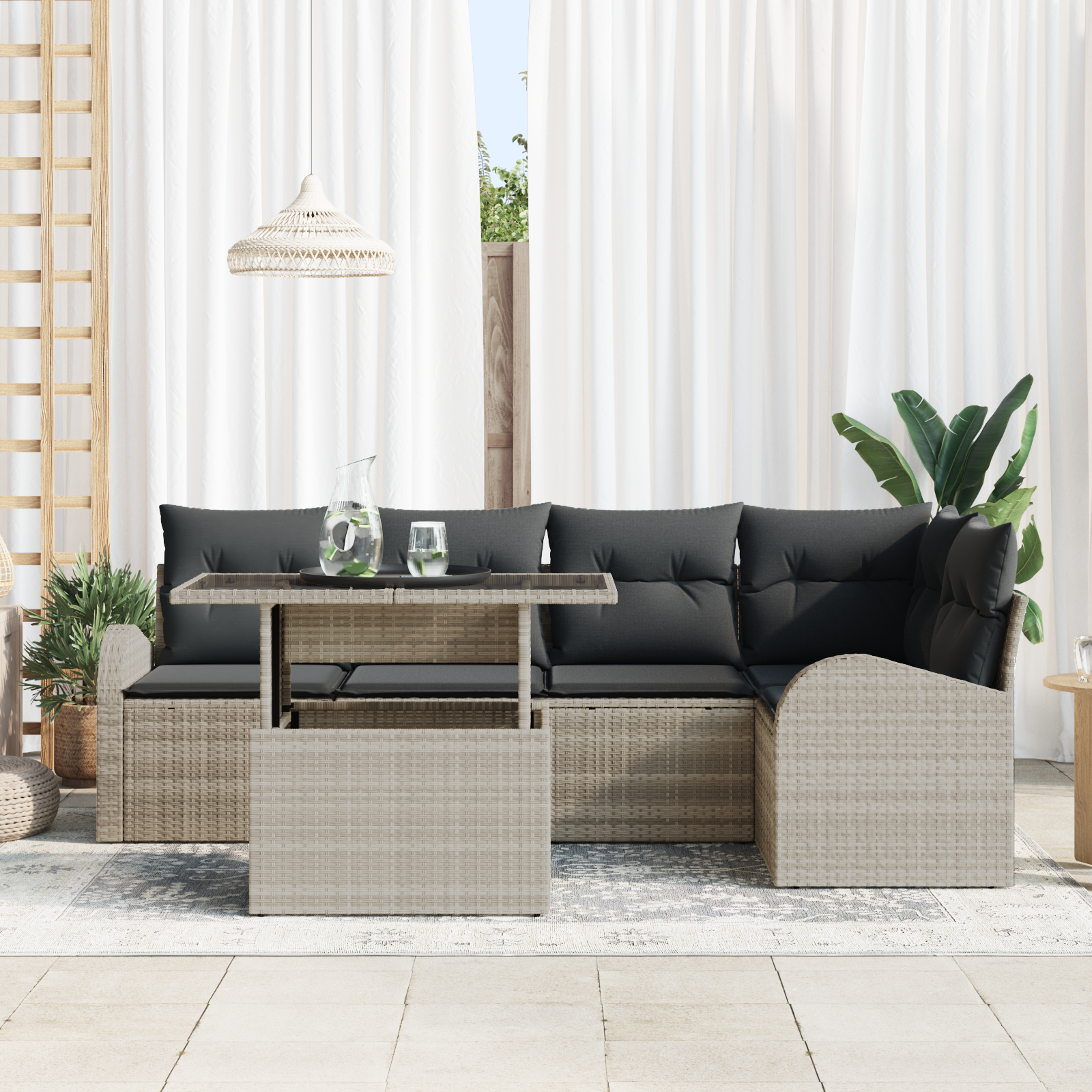 6-teiliges Garten-Sofa-Set mit Kissen in Hellgrau aus Poly-Rattan – Bild 3