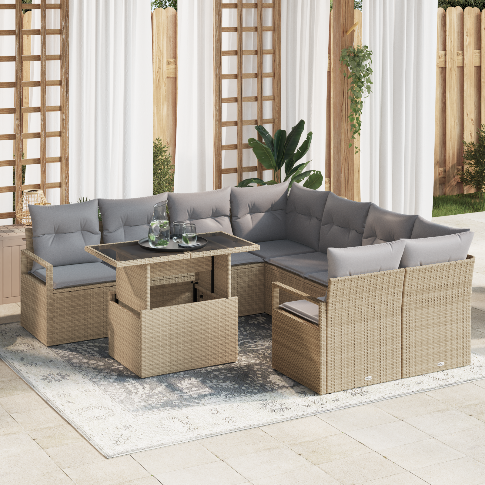 9-teiliges Garten Sofa Set mit Kissen in beigem Poly Rattan