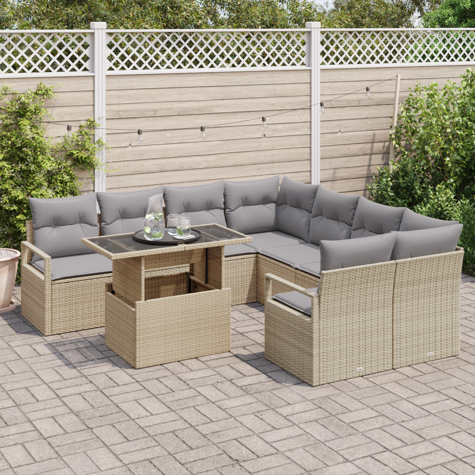 9-teiliges Garten Sofa Set mit Kissen in beigem Poly Rattan – Bild 3
