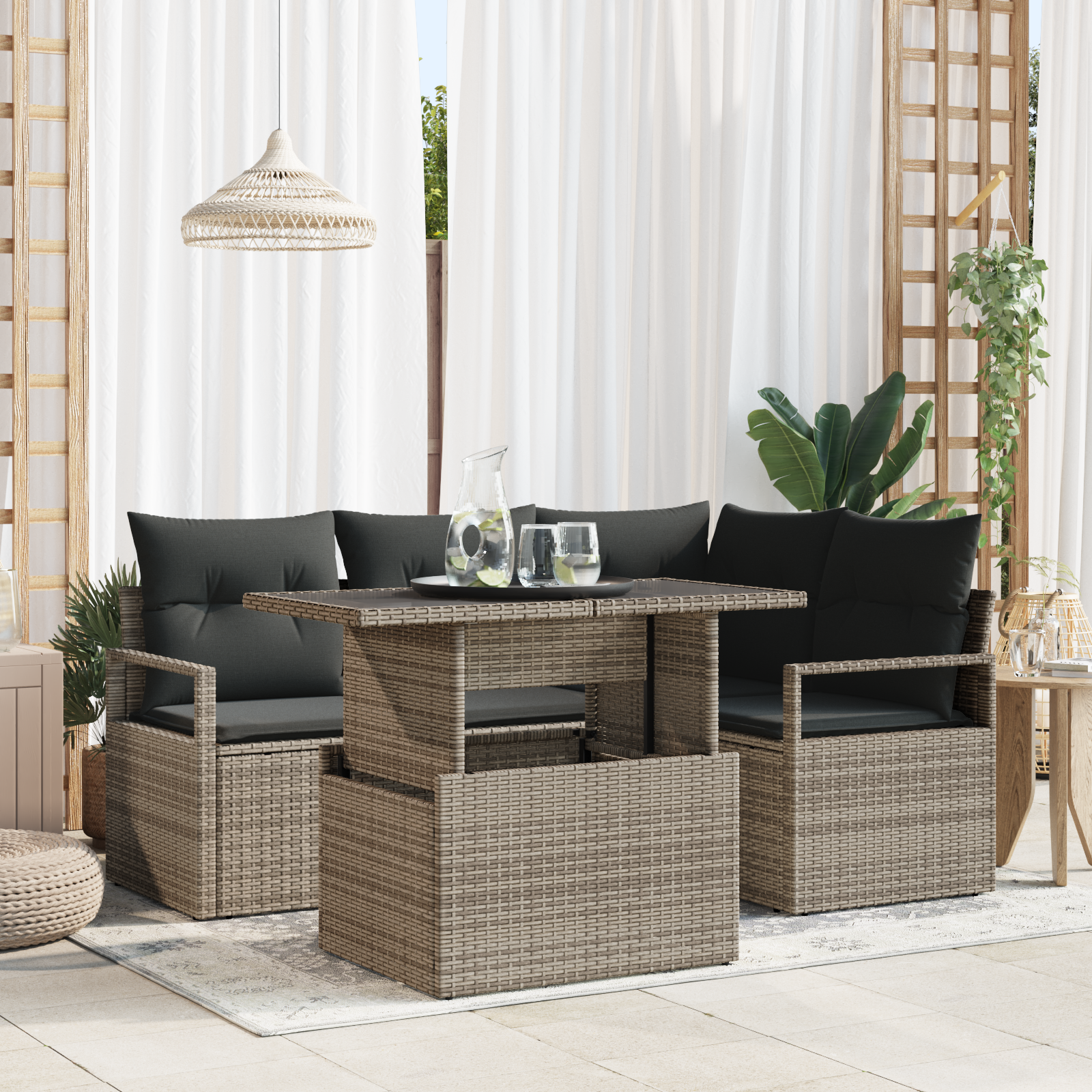 Set Divano Giardino 5 Pezzi con Cuscini Grigio in Rattan Poliestere
