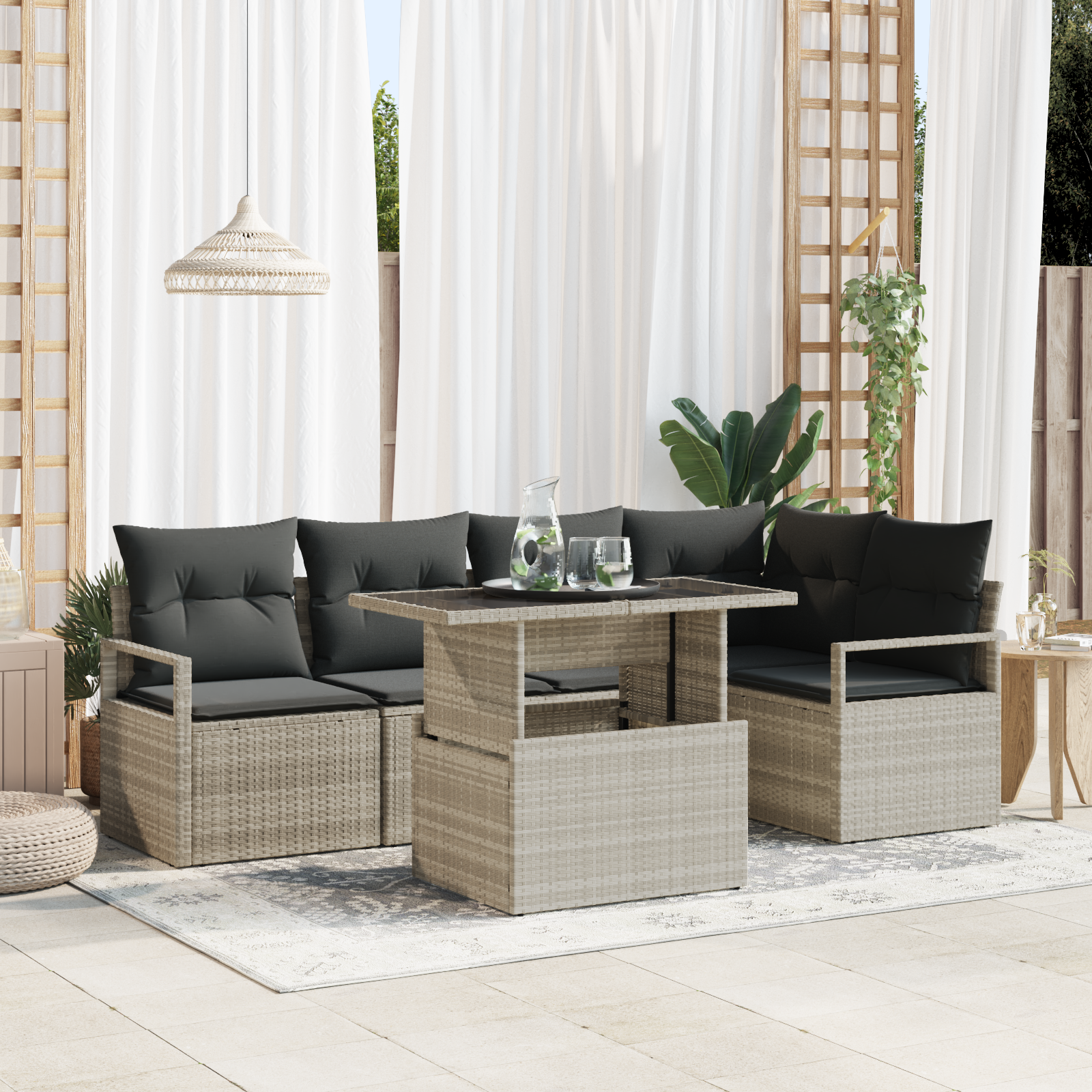 6-teiliges Garten Sofa Set mit Kissen in Hellgrau aus Poly-Rattan