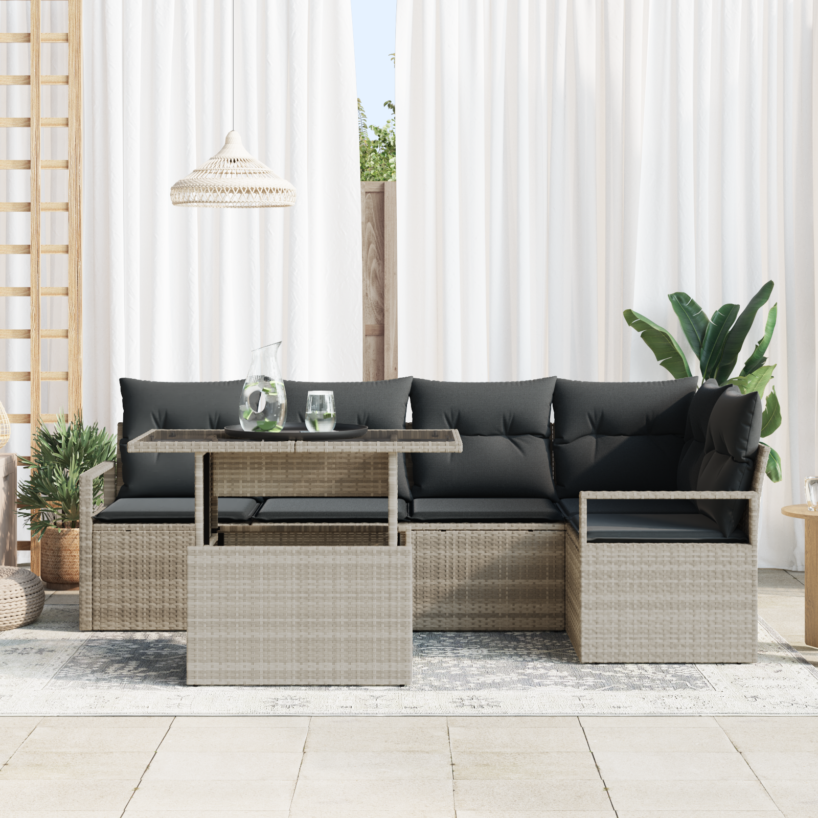 6-teiliges Garten Sofa Set mit Kissen in Hellgrau aus Poly-Rattan – Bild 3