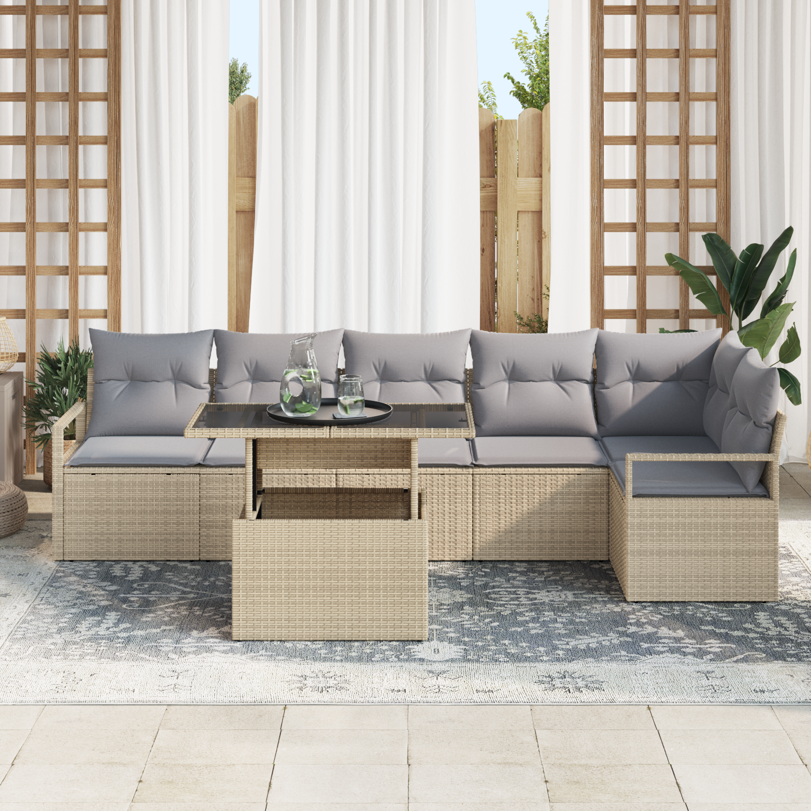 7 dalių Sodo Sofa Komplektas su Pagalvėlėmis Smėlio Poli Ratanas - Image 3