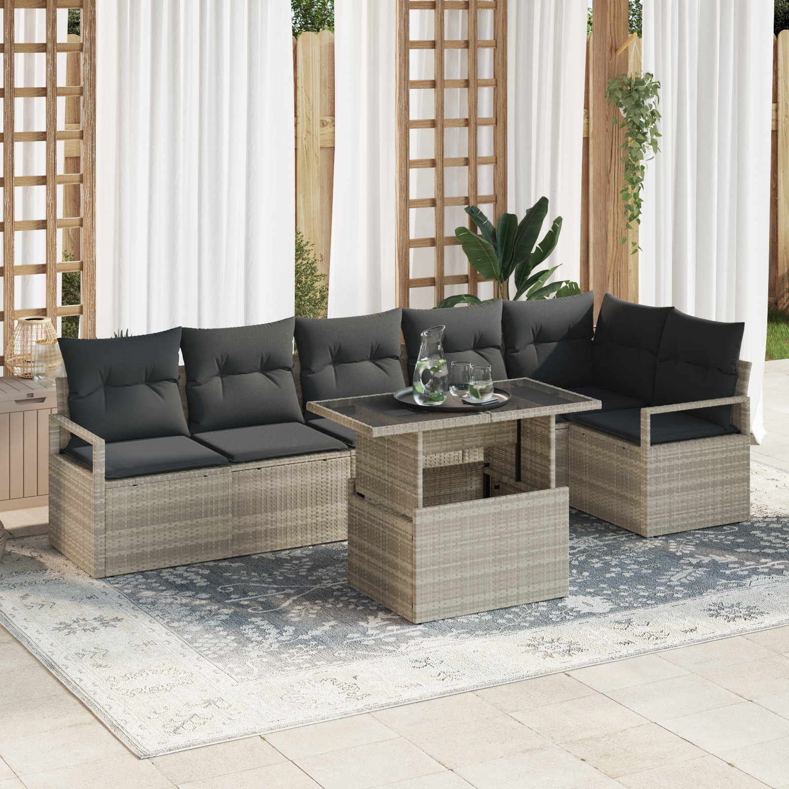 7-teiliges Garten Sofa Set mit Kissen in Hellgrau aus Poly Rattan