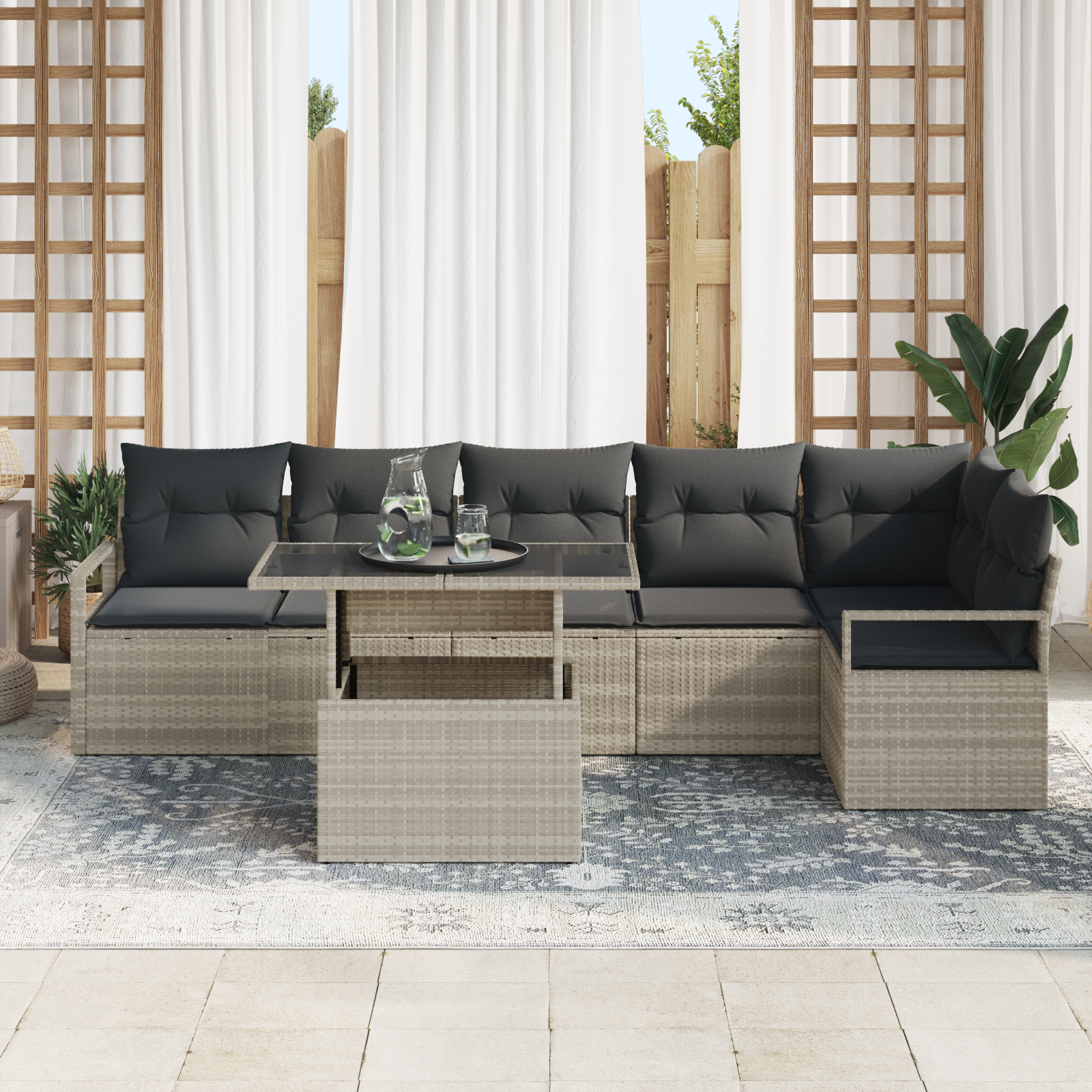 7-teiliges Garten Sofa Set mit Kissen in Hellgrau aus Poly Rattan – Bild 3