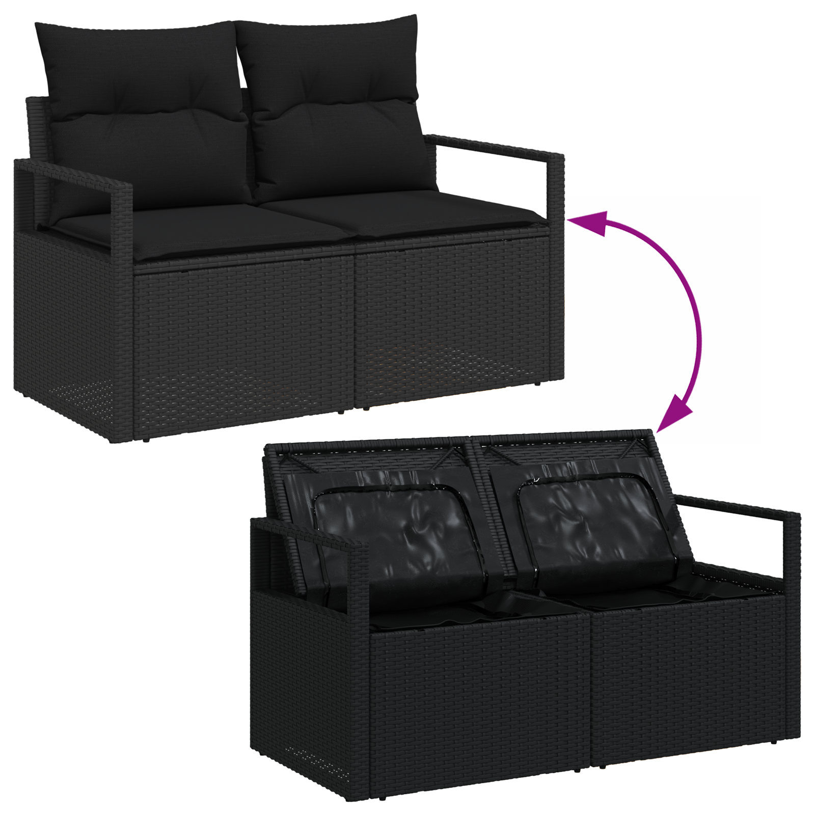 Conjunto de Sofás para Jardim de 9 Peças com Almofadas Preto Rattan Poliéster, Sofá de Jardim de com Armazenamento e Almofadas Preto Rattan Poliéster