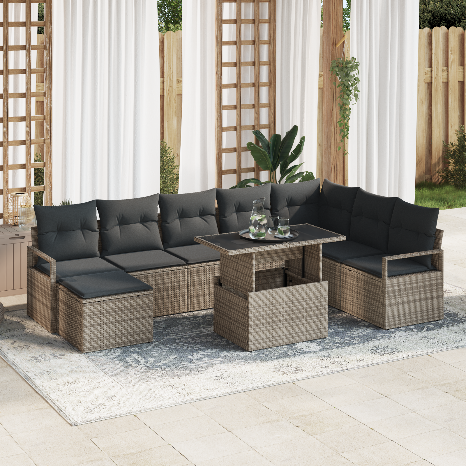 Set divano da giardino da 9 pezzi con cuscini grigio polyrattan