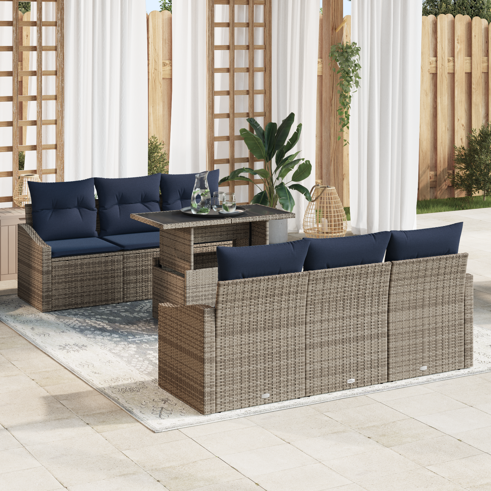 Tuin Sofa Set met kussen met opslag 7 pcs Grijs poly rattan - Afbeelding 2