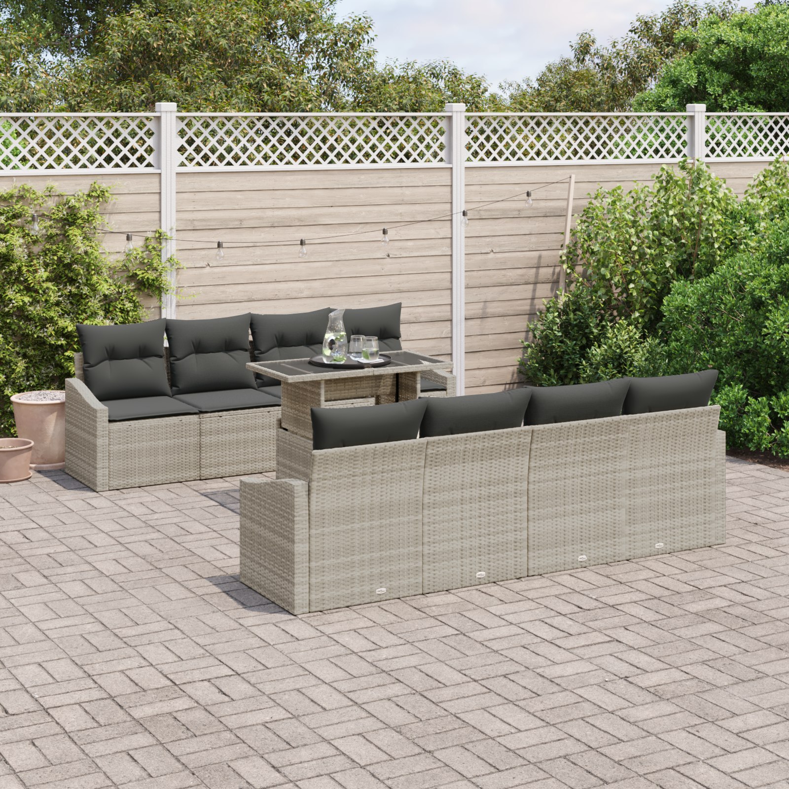 7-teiliges Gartensofa-Set mit Kissen in Hellgrau aus Poly-Rattan