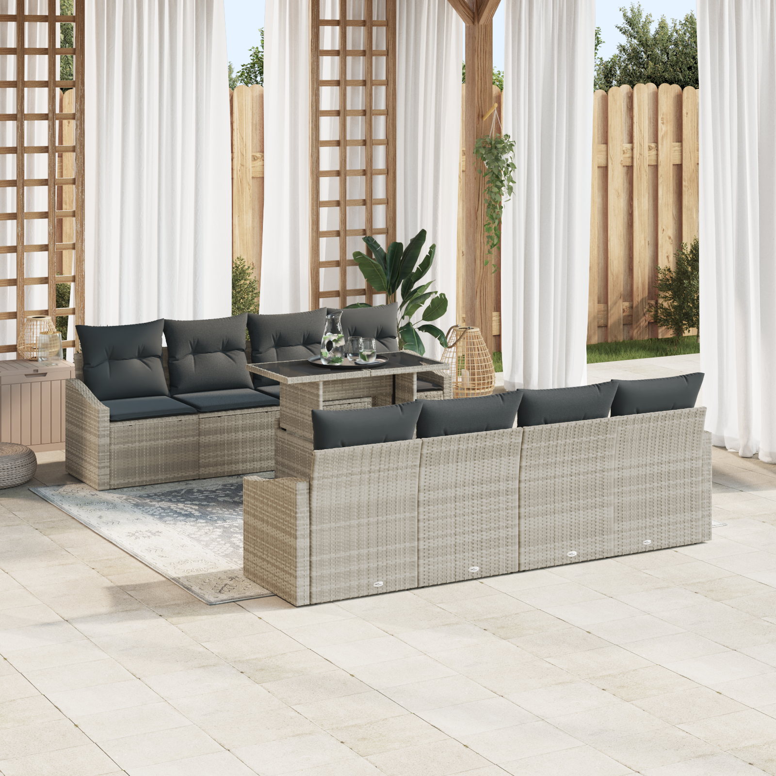 7-teiliges Gartensofa-Set mit Kissen in Hellgrau aus Poly-Rattan – Bild 3