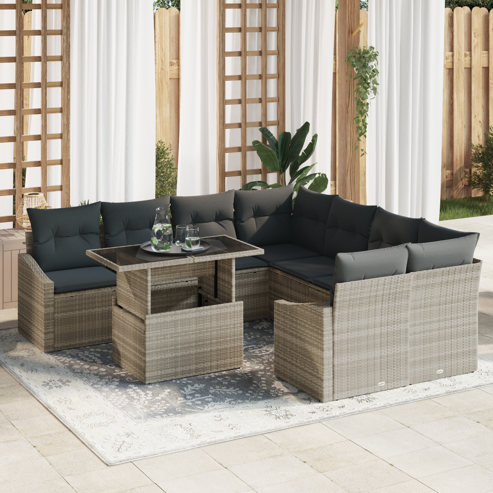 Thumbnail - vidaXL 9-tlg. Garten-Sofagarnitur mit Kissen Hellgrau Poly Rattan
