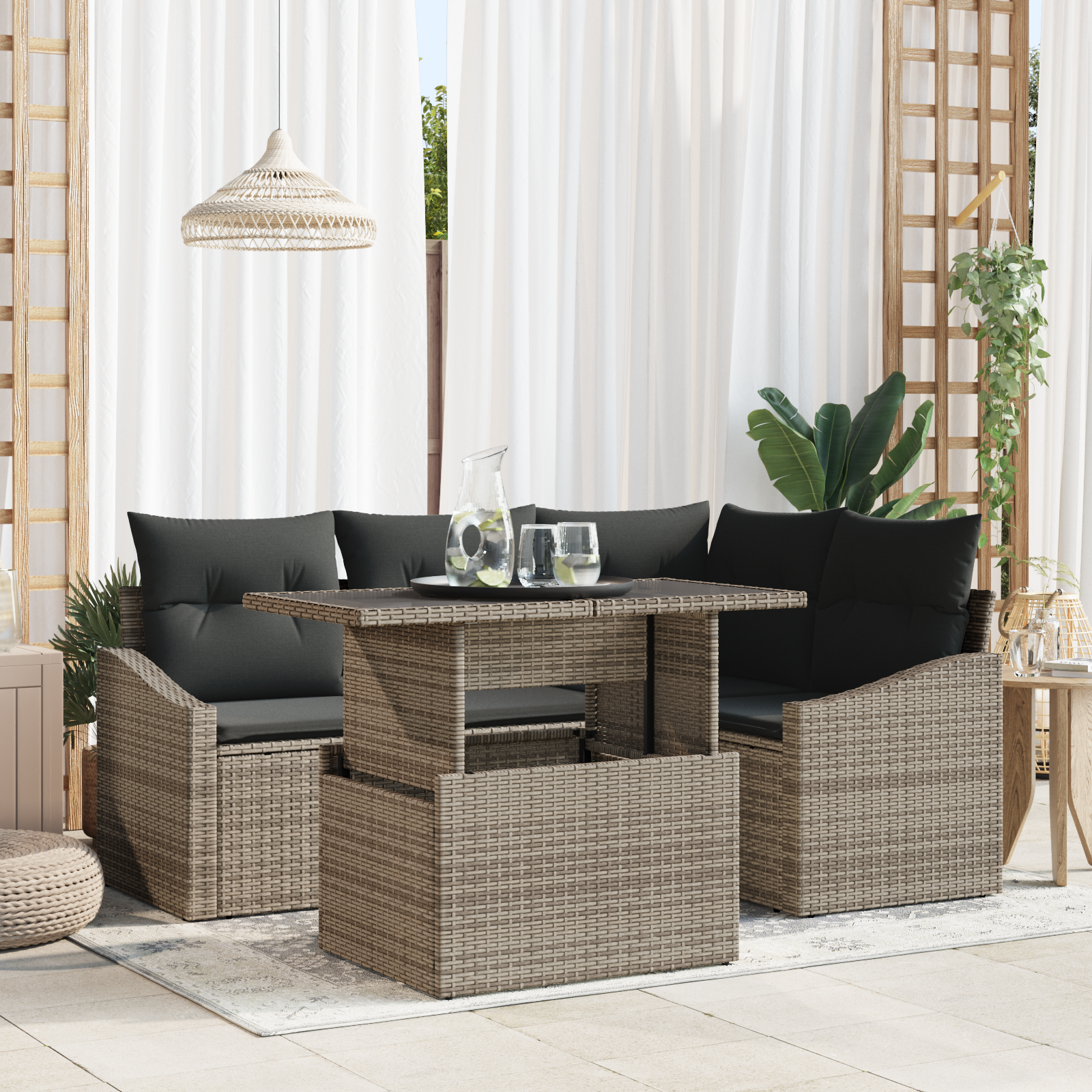 Set divano da giardino a 5 pezzi con cuscini Grigio Rattan Sintetico