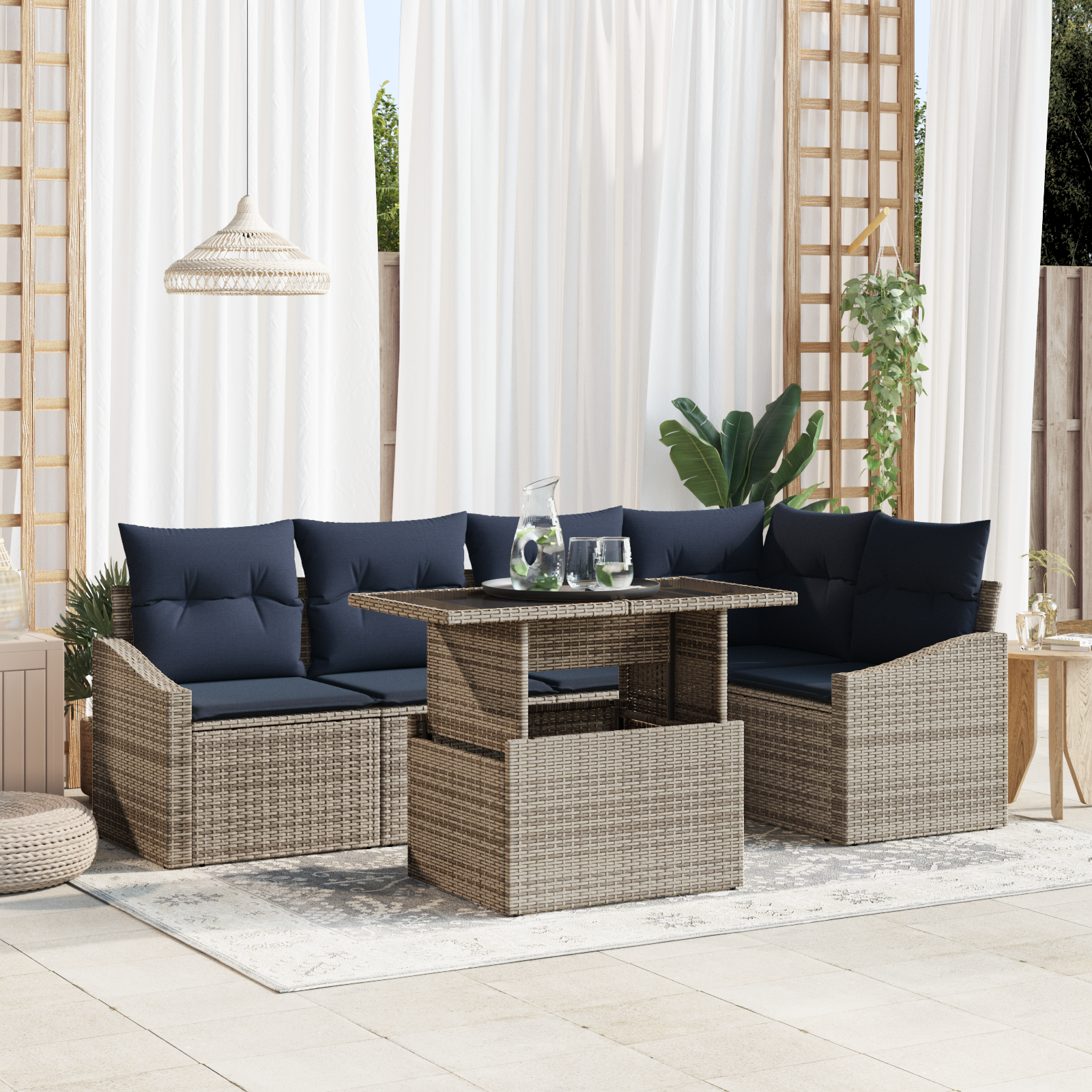 Tuin Sofa Set met kussen met opslag 6 pcs Grijs en Marineblauw - Afbeelding 2