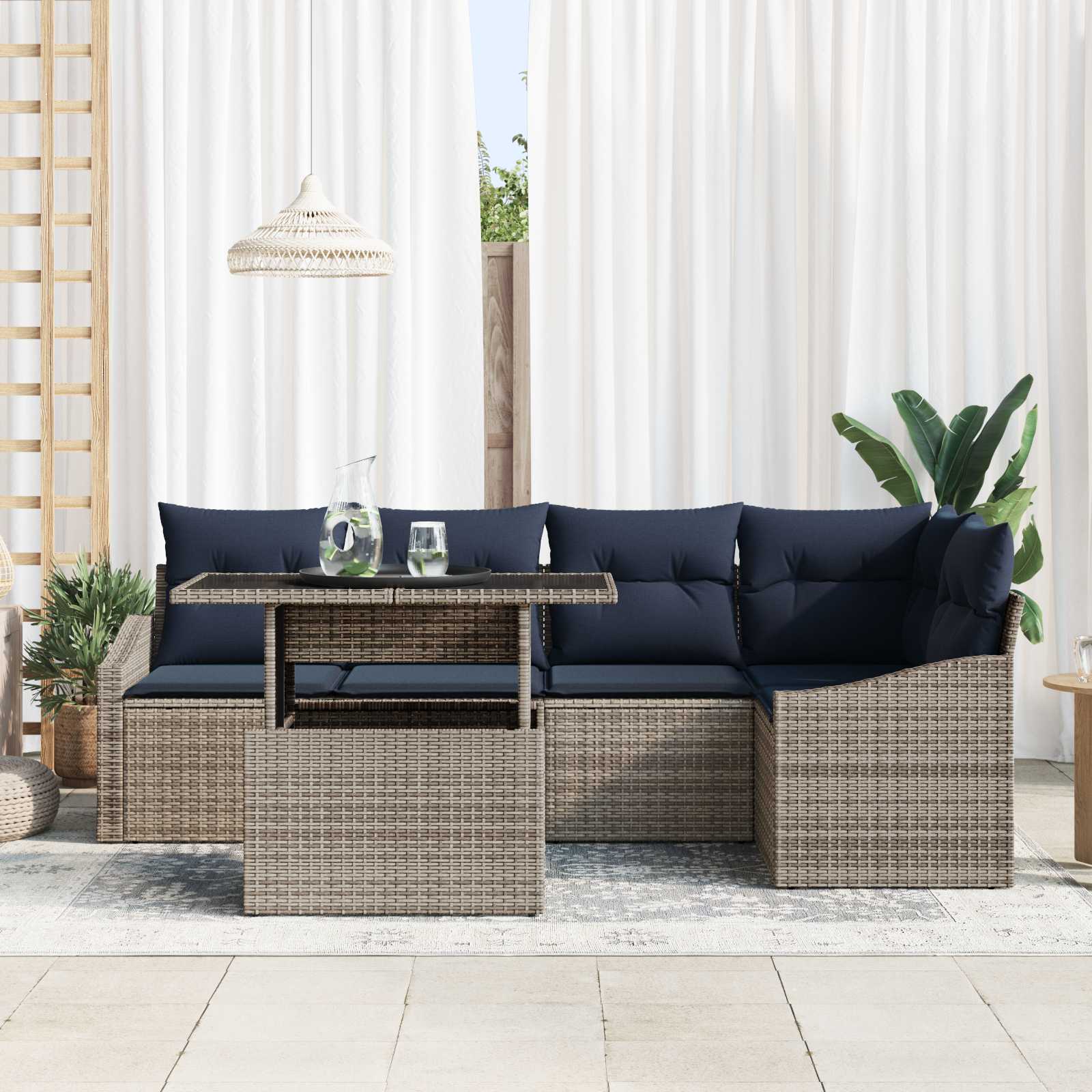 Tuin Sofa Set met kussen met opslag 6 pcs Grijs en Marineblauw - Afbeelding 3