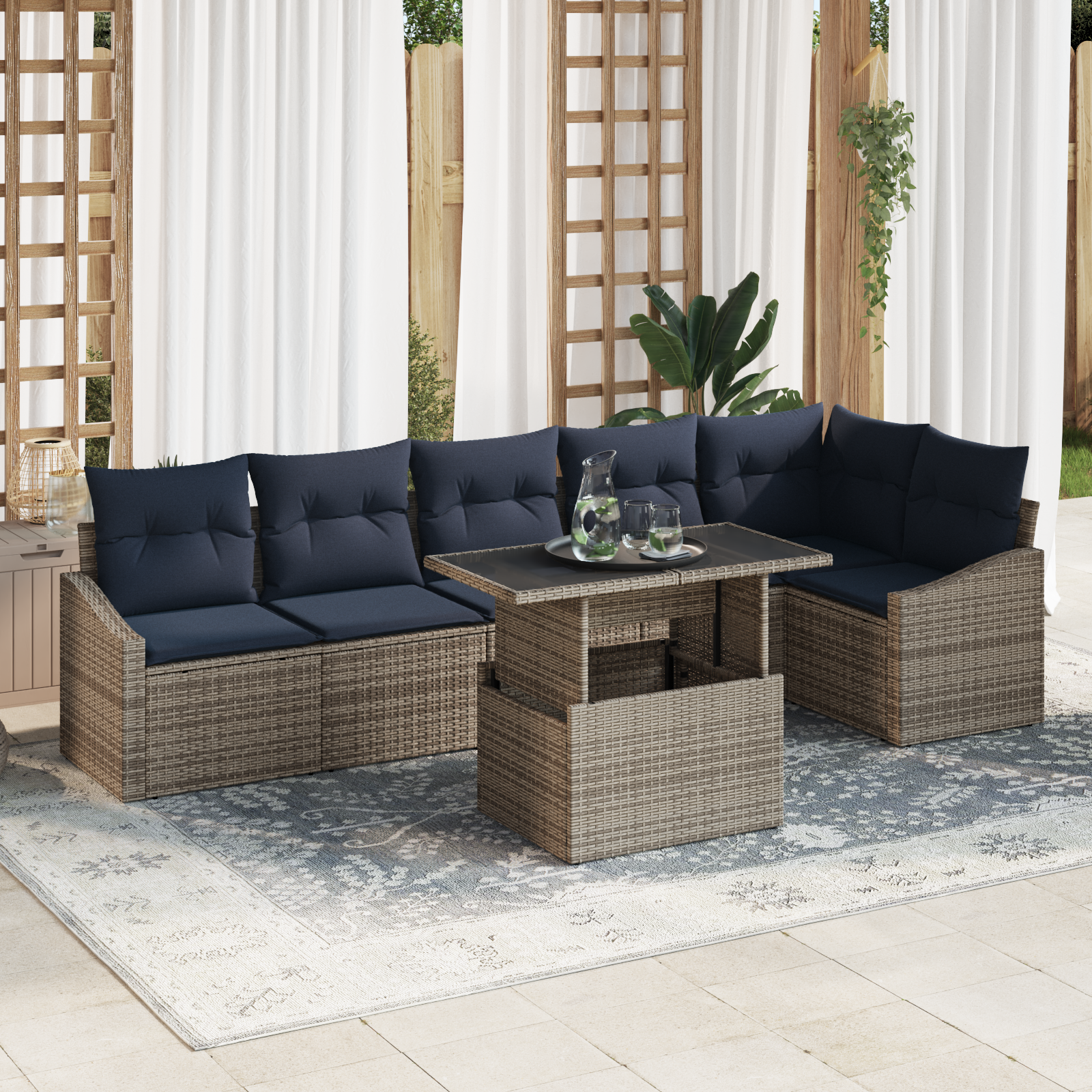 Tuin Sofa Set met kussen met opslag 7 pcs Grijs en Marineblauw - Afbeelding 2