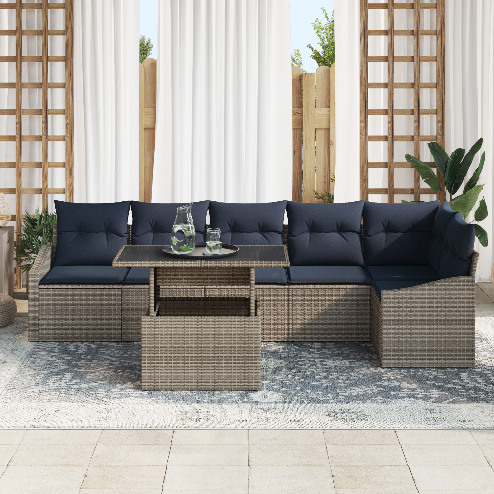 Tuin Sofa Set met kussen met opslag 7 pcs Grijs en Marineblauw - Afbeelding 3